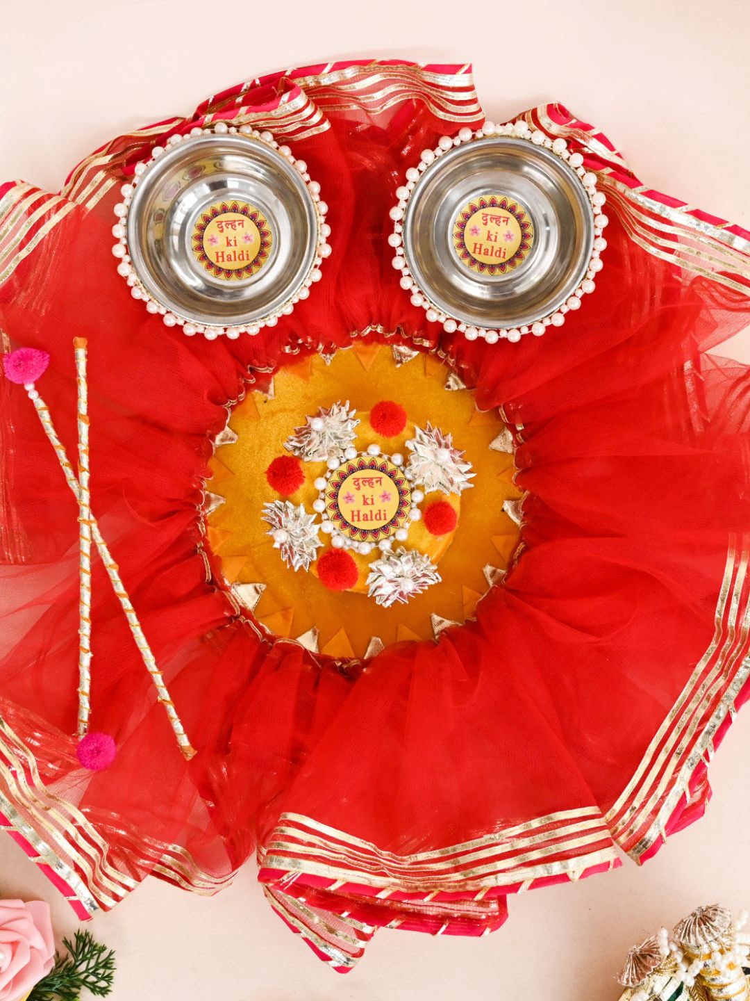 DecorTwist Orange & Red Traditional Decorative Haldi Thali Platter