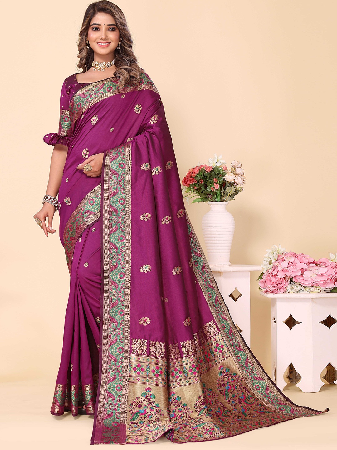Ekta Textiles Purple & Green Ethnic Motifs Woven Design Zari Pure Silk Banarasi Saree
Ekta Textiles Purple & Green Ethnic Motifs Woven Design Zari Pure Silk Banarasi Saree