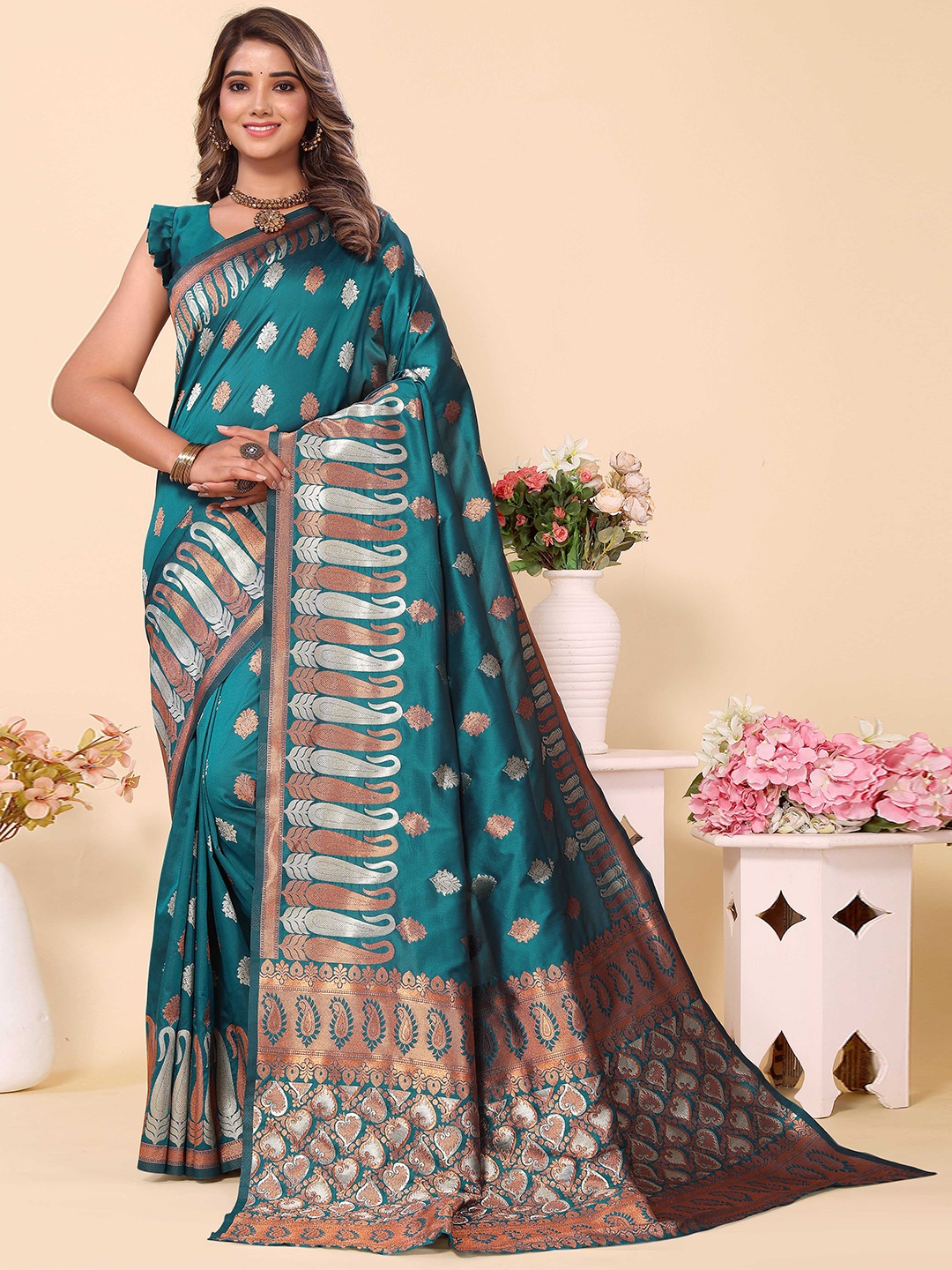 Ekta Textiles Ethnic Motifs Woven Design Zari Pure Silk Banarasi Saree, Turquoise blue
Ekta Textiles Ethnic Motifs Woven Design Zari Pure Silk Banarasi Saree, Turquoise blue