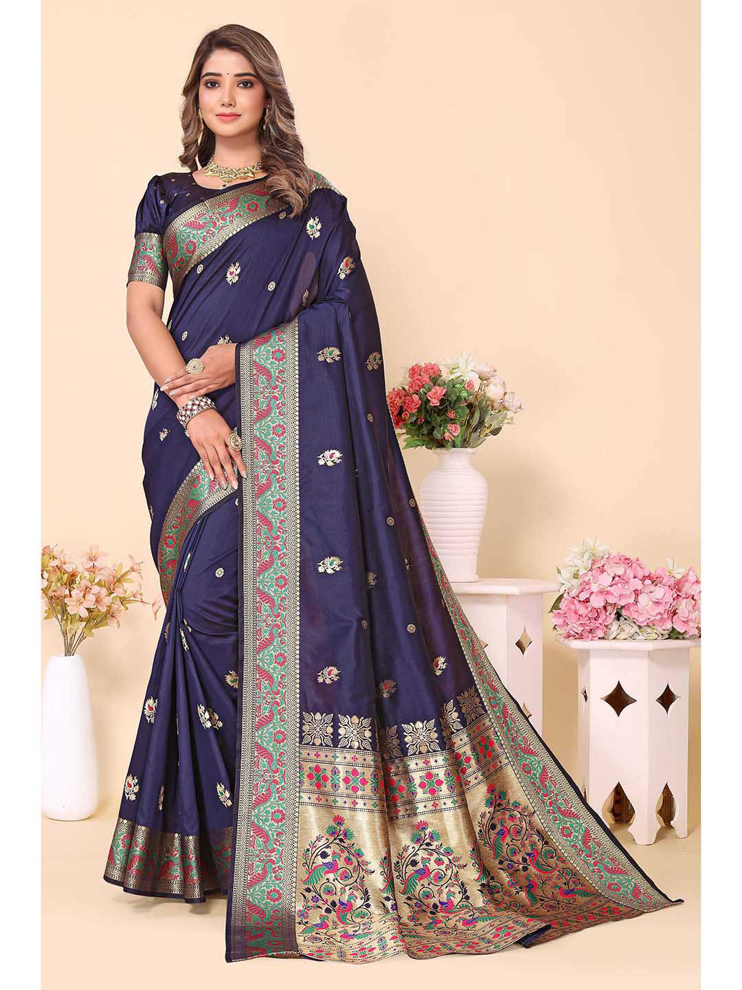 Ekta Textiles Ethnic Motifs Woven Design Zari Pure Silk Ready to Wear Banarasi Saree, Navy blue
Ekta Textiles Ethnic Motifs Woven Design Zari Pure Silk Ready to Wear Banarasi Saree, Navy blue