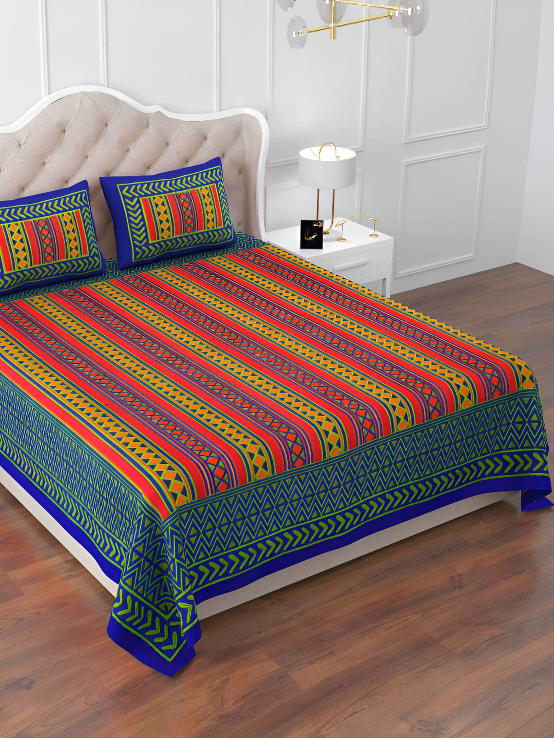 DOLLIFI Blue &Red Geometric Cotton 260 TC Queen Bedsheet with 2 Pillow Covers 
DOLLIFI Blue &Red Geometric Cotton 260 TC Queen Bedsheet with 2 Pillow Covers