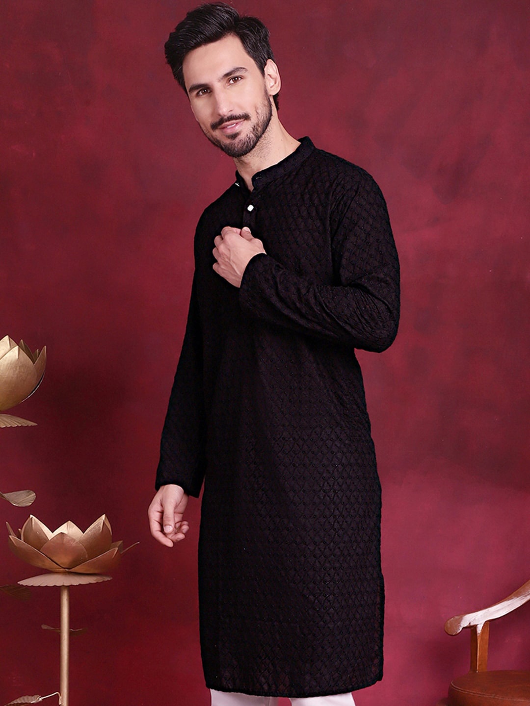 Jompers Geometric Embroidered Band Collar Pure Cotton Chikankari Straight Kurta, Black
Jompers Geometric Embroidered Band Collar Pure Cotton Chikankari Straight Kurta, Black