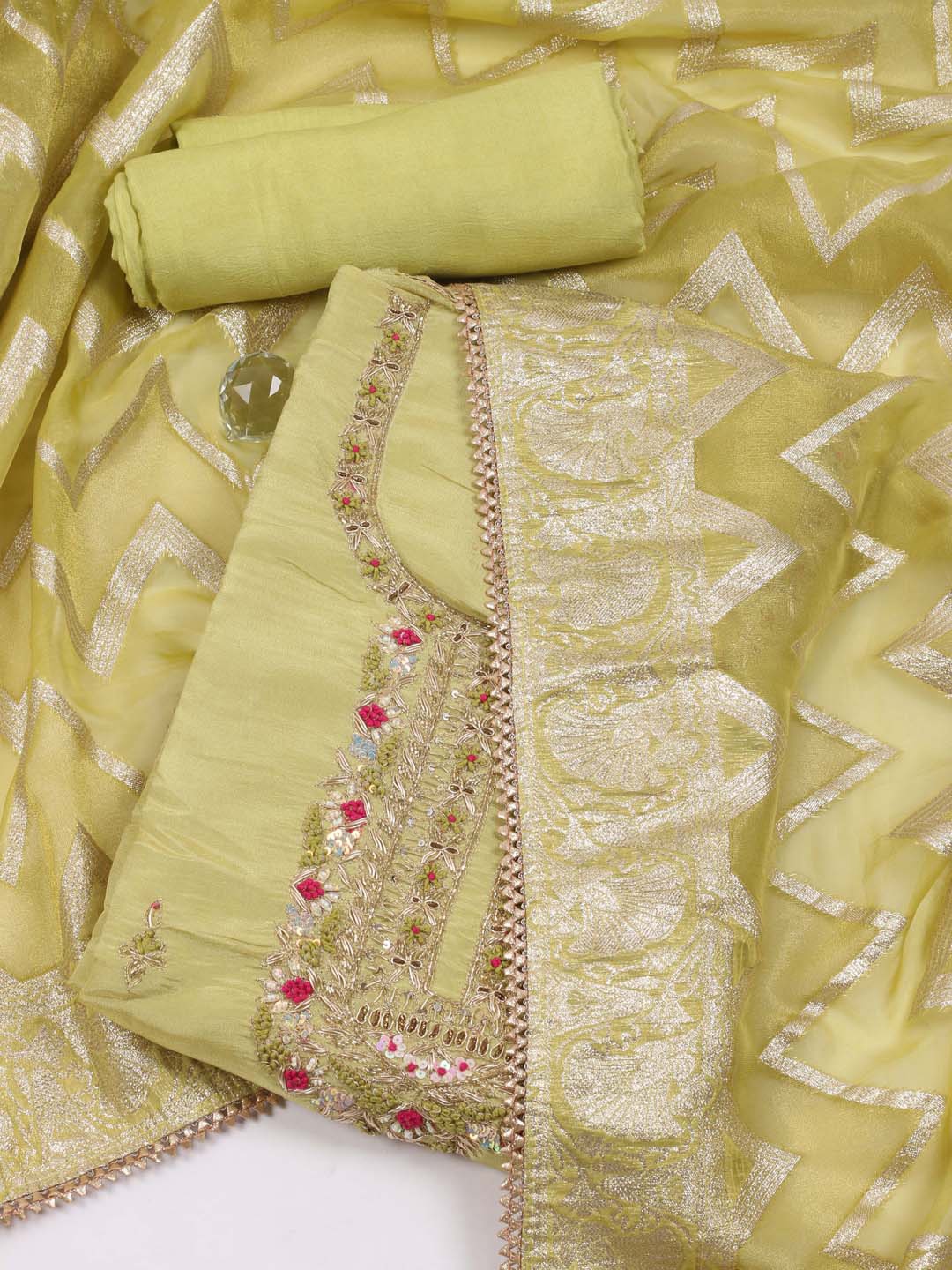 Meena Bazaar Floral Embroidered Beads and Stones Tissue Unstitched Dress Material, Green
Meena Bazaar Floral Embroidered Beads and Stones Tissue Unstitched Dress Material, Green