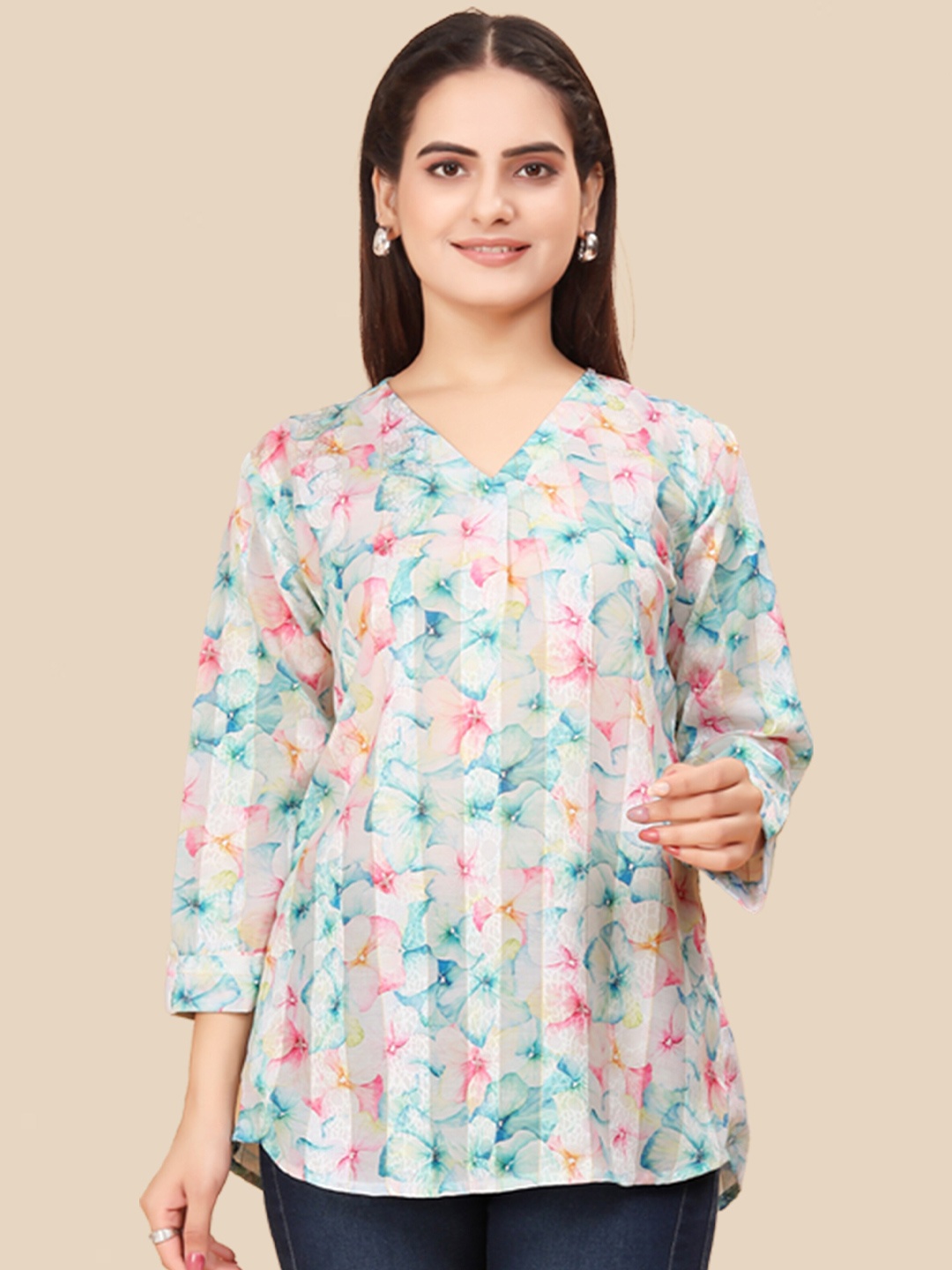 N N ENTERPRISE Floral Printed Pure Cotton Tunic, Blue