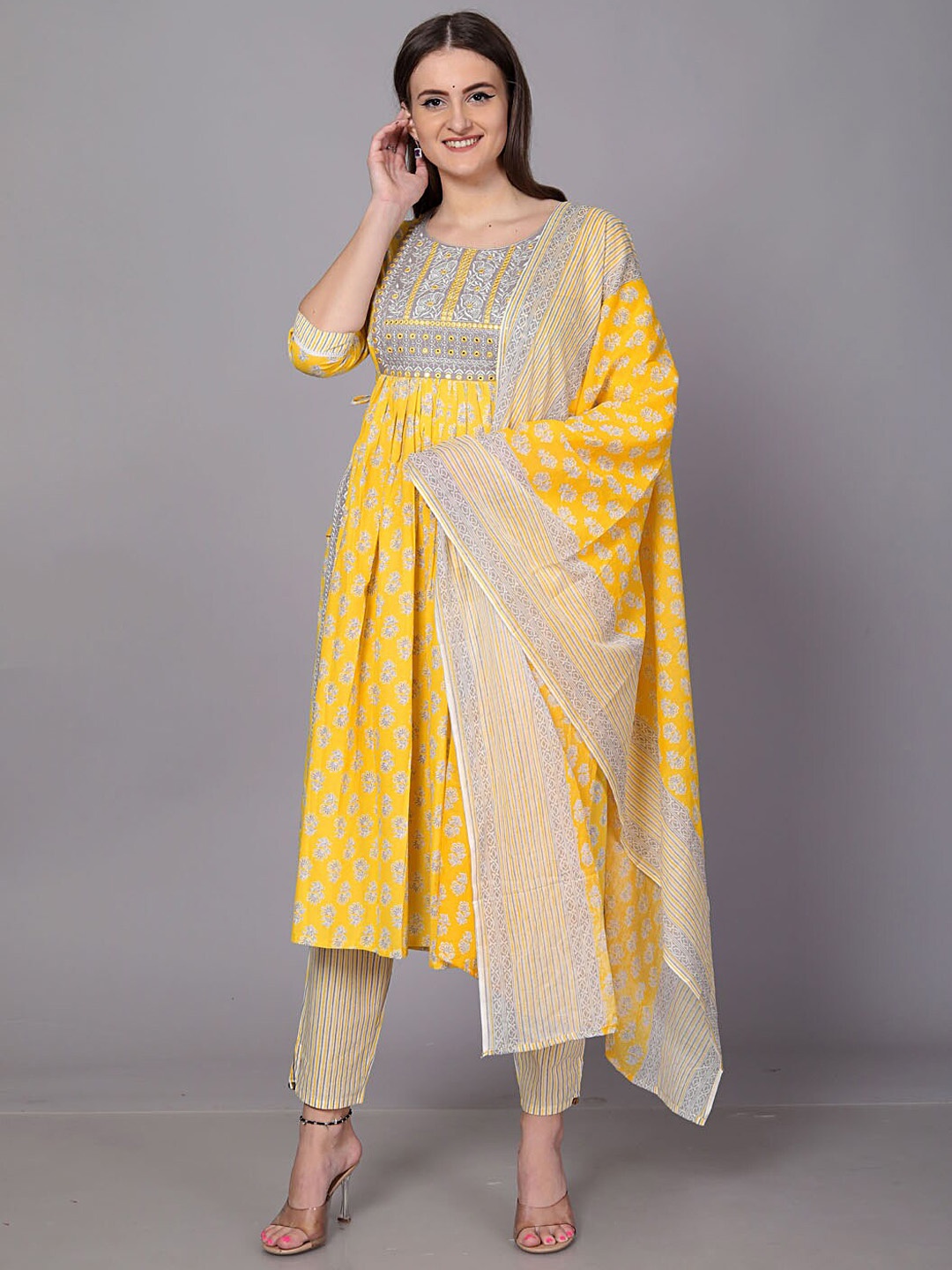 KALINI Floral Printed Mirror Work A-Line Pure Cotton Kurta with Trousers & Dupatta, Yellow
KALINI Floral Printed Mirror Work A-Line Pure Cotton Kurta with Trousers & Dupatta, Yellow