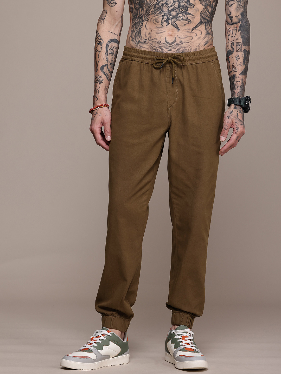 The Roadster Life Co. Pure Cotton Joggers Trousers, Brown 
The Roadster Life Co. Pure Cotton Joggers Trousers, Brown