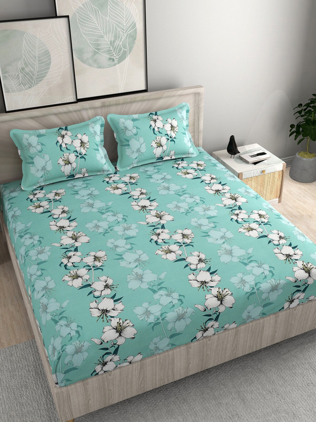 FINE TEX WORLD Floral 210 TC King Fitted 160GSM Bedsheet With 2 Pillow Covers, Sea green
FINE TEX WORLD Floral 210 TC King Fitted 160GSM Bedsheet With 2 Pillow Covers, Sea green