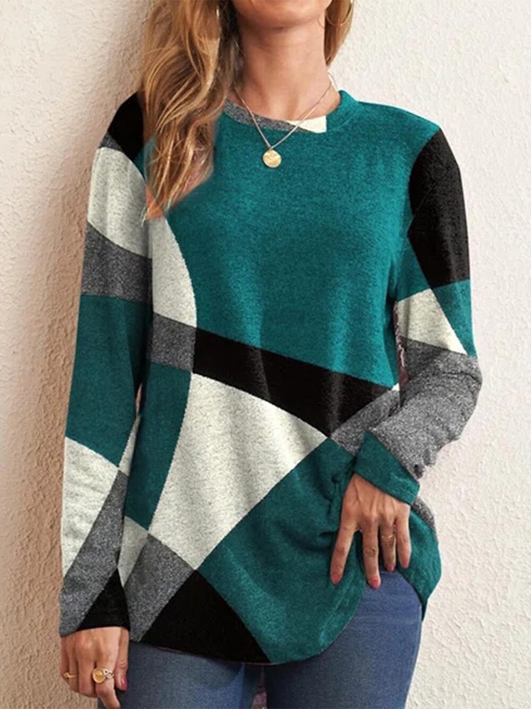 StyleCast Green Geometric Self Design Top