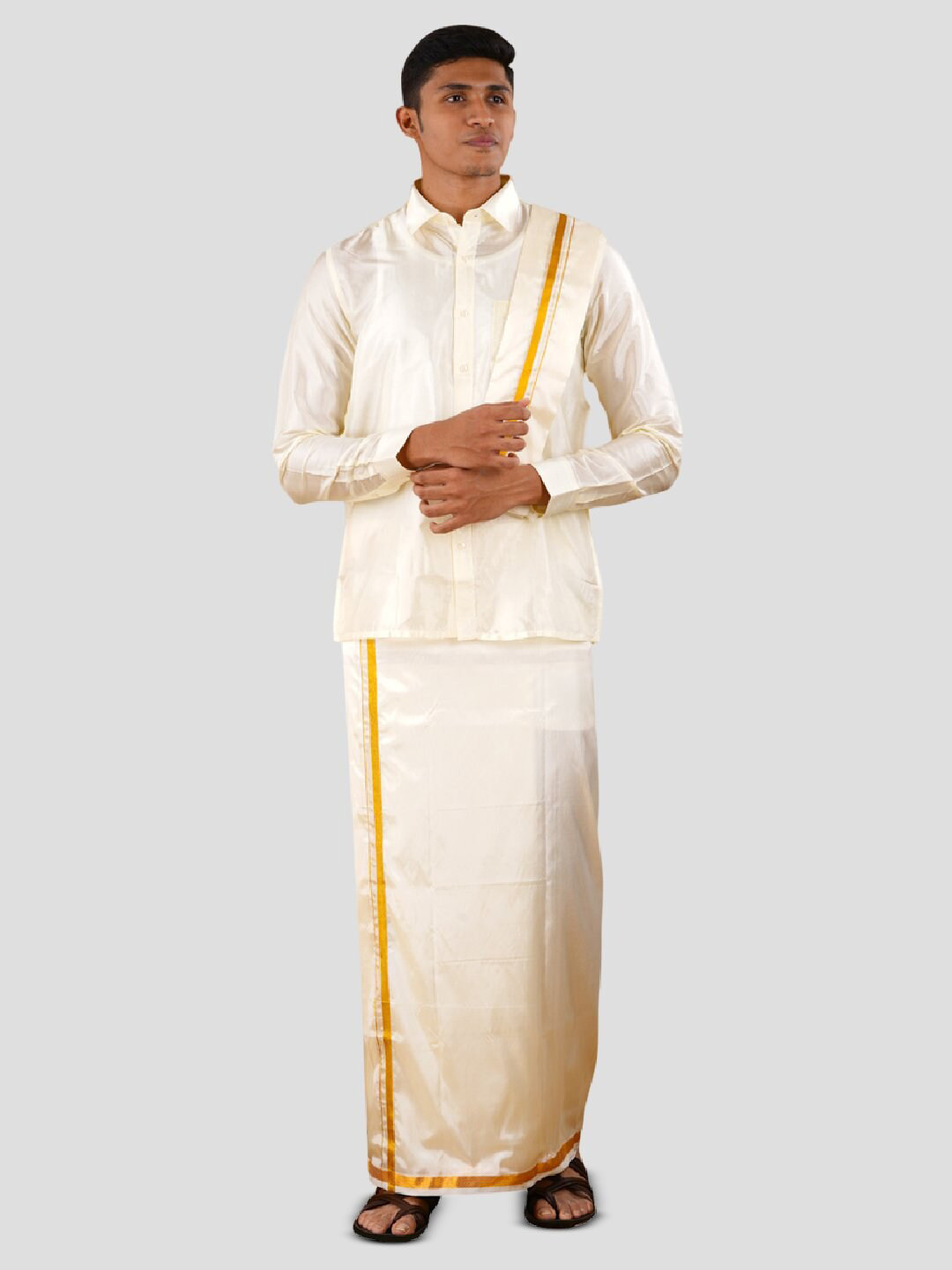 Ramraj Shirt Collar Long Sleeves Shirt & Veshti With Angavastram, Cream 
Ramraj Shirt Collar Long Sleeves Shirt & Veshti With Angavastram, Cream