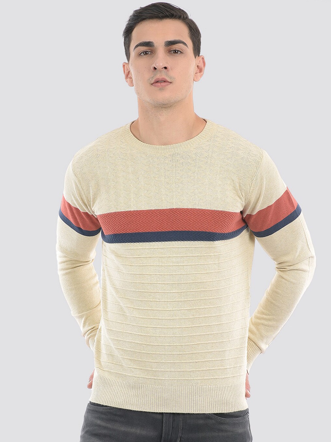 PORTOBELLO Striped Round Neck Pullover, Beige