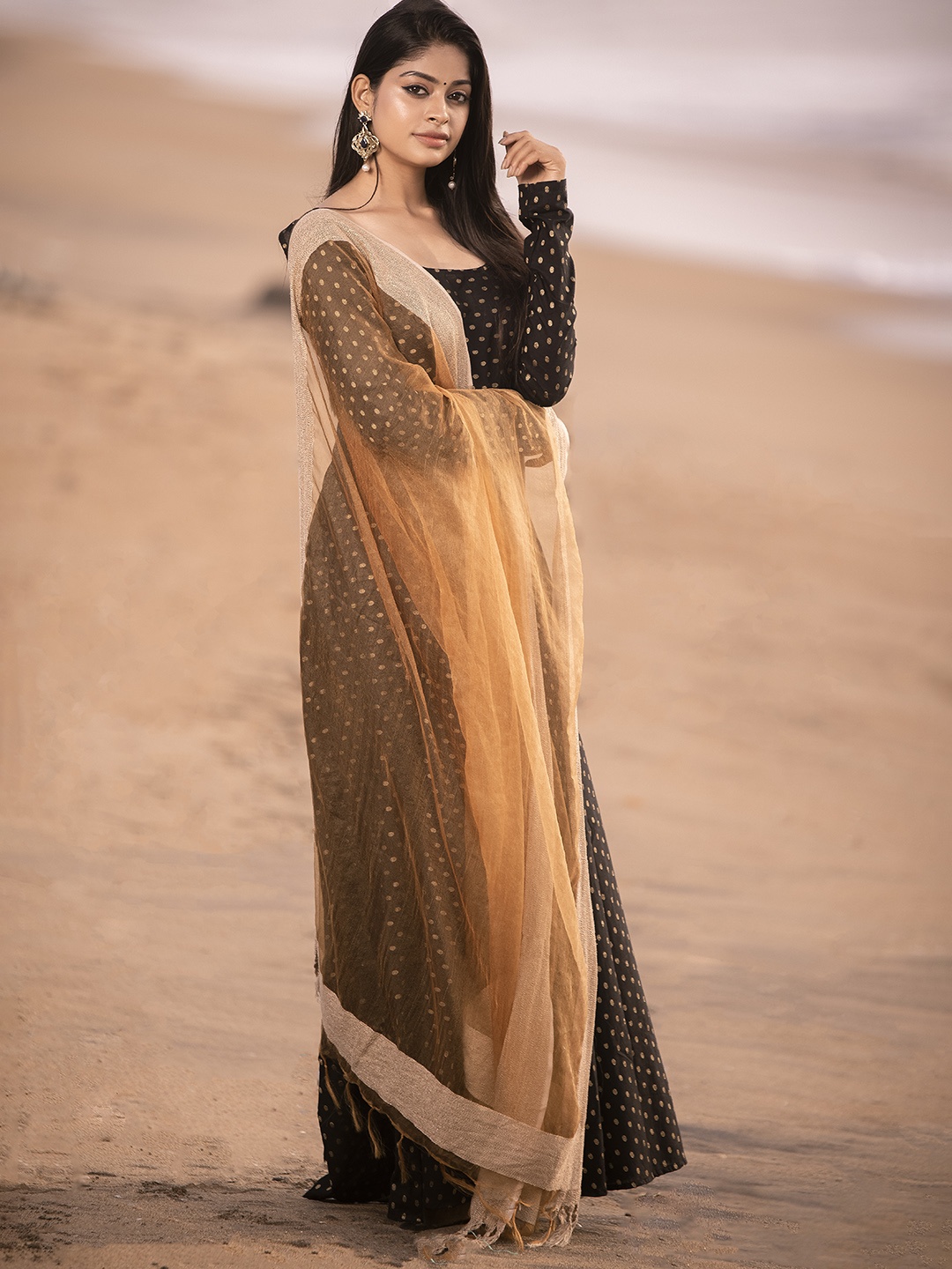 Vinya Ethnic Motifs Woven Design Cotton Fit & Flare Maxi Ethnic Dress With Dupatta, Black
Vinya Ethnic Motifs Woven Design Cotton Fit & Flare Maxi Ethnic Dress With Dupatta, Black