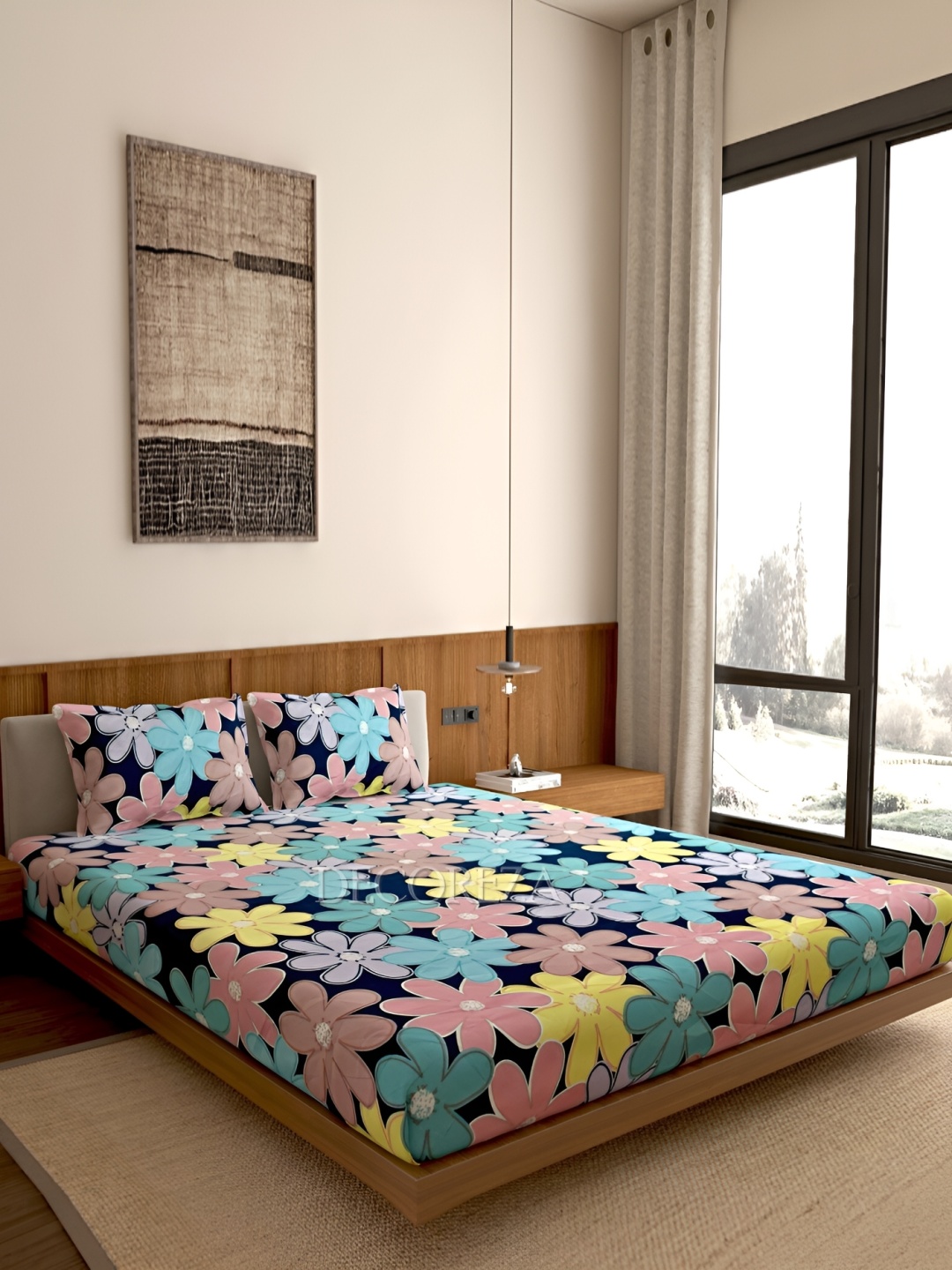 DECOREZA Blue Peach Floral Cotton 300 TC Queen Fitted Bedsheet With 2 Pillow Covers