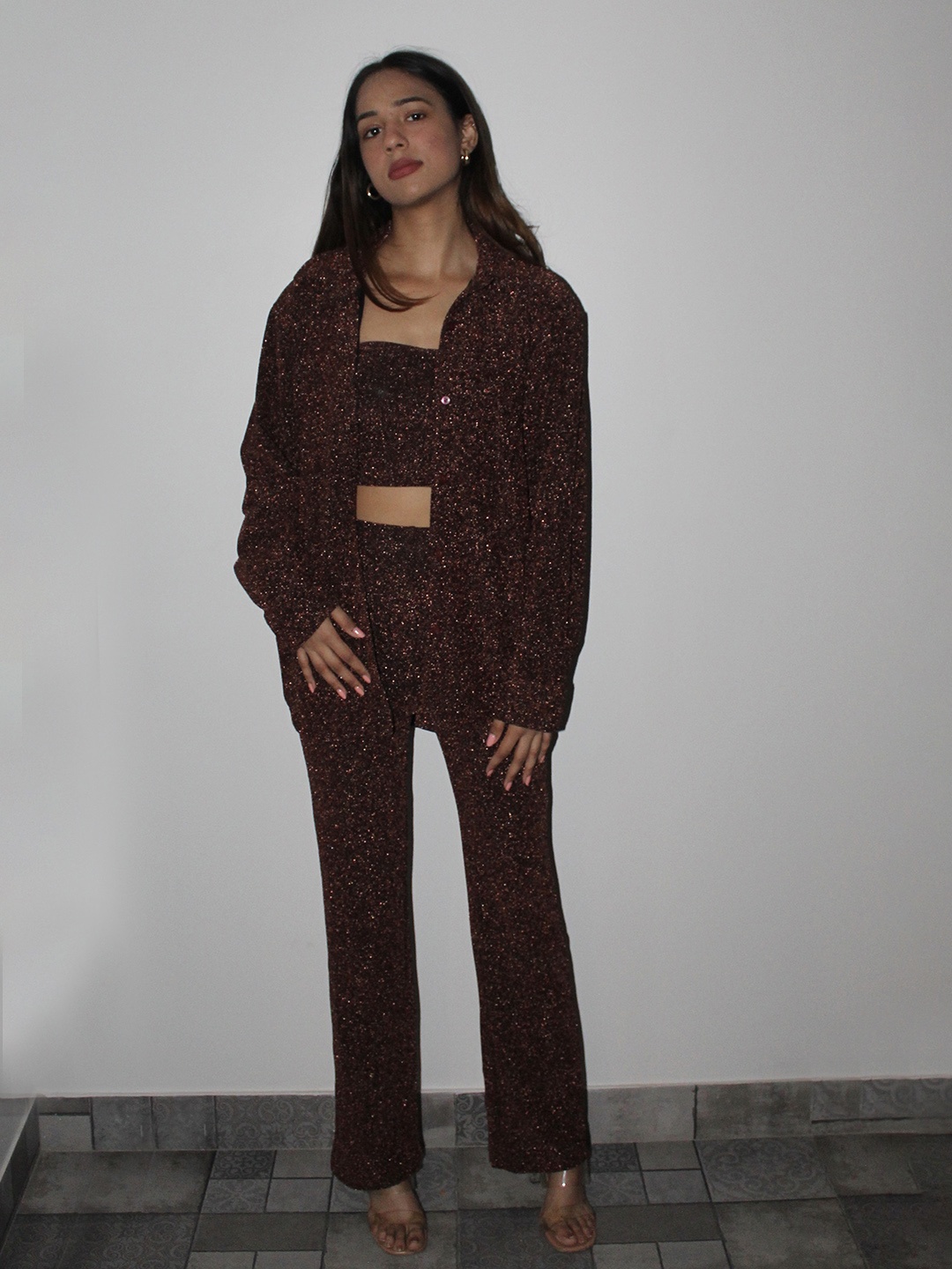 Obleka Women Pack Of 3 Shimmer Embellished Tube Top With Trousers & A Jacket Co-Ords, Brown
Obleka Women Pack Of 3 Shimmer Embellished Tube Top With Trousers & A Jacket Co-Ords, Brown