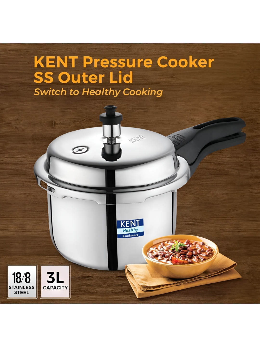 KENT SS Outer Lid Heavy Encapsulated Bottom Induction Friendly Pressure Cooker- 3L, Silver
KENT SS Outer Lid Heavy Encapsulated Bottom Induction Friendly Pressure Cooker- 3L, Silver