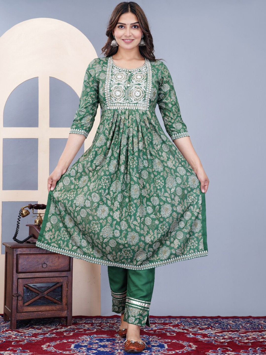 KALINI Floral Printed Thread Work Gotta Patti Anarkali Kurta with Trousers & Dupatta, Green
KALINI Floral Printed Thread Work Gotta Patti Anarkali Kurta with Trousers & Dupatta, Green