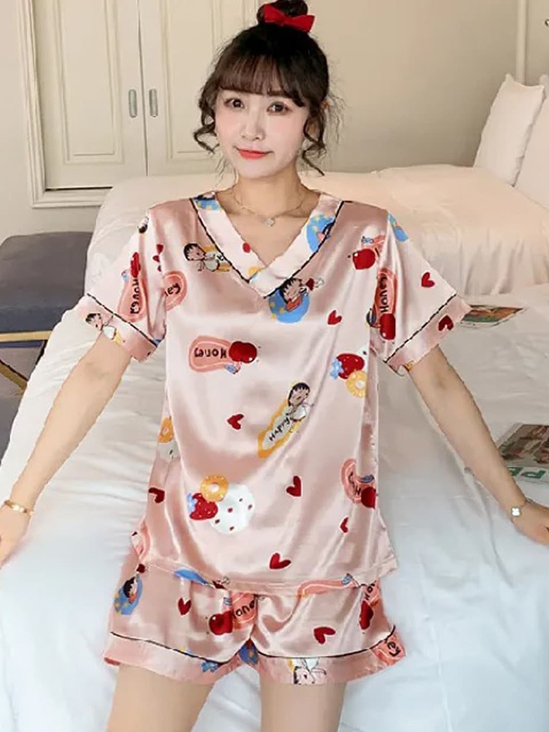Krelin Graphic Printed V-Neck Satin Night suit, Pink