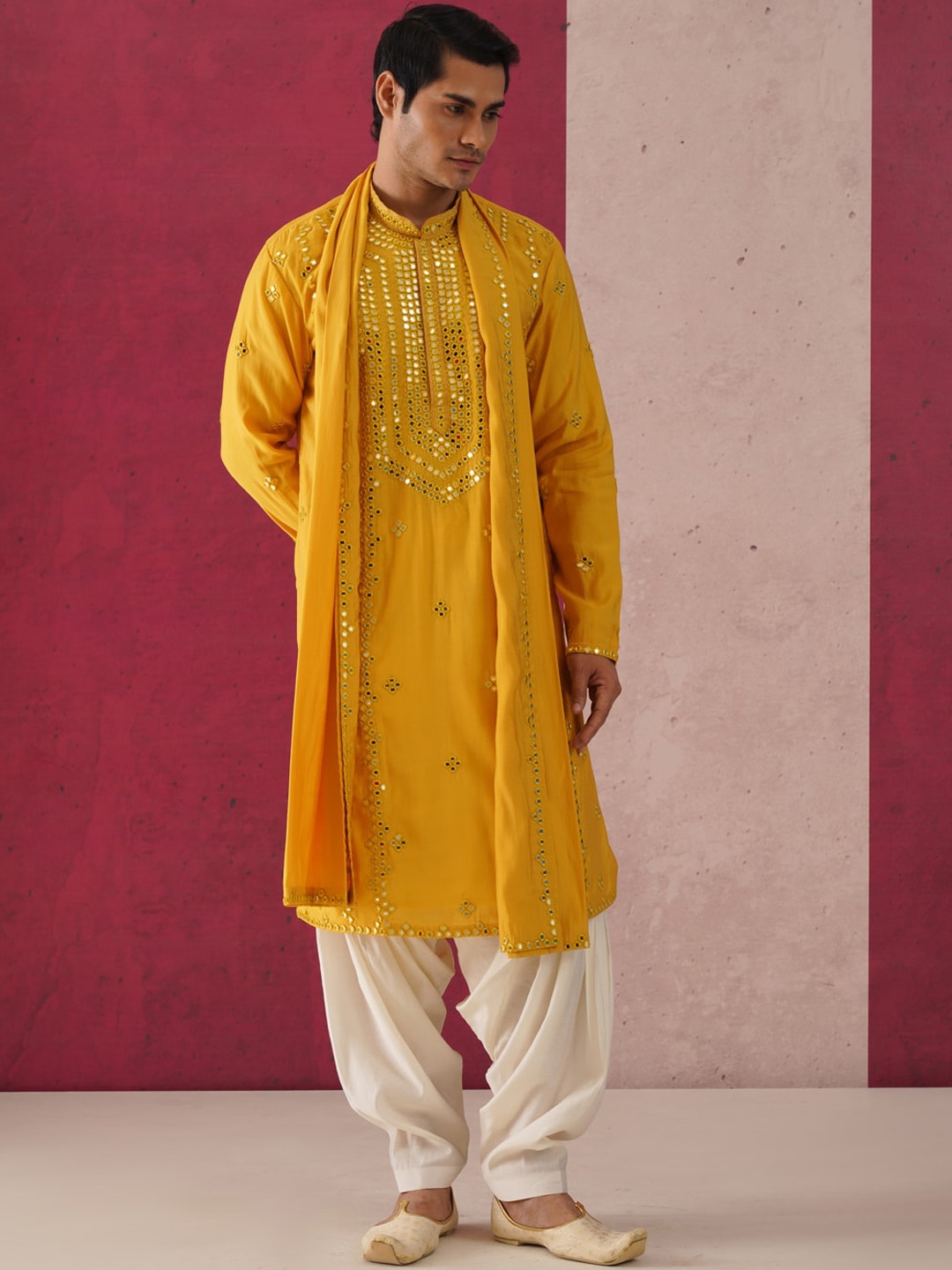 KALPRAAG Ethnic Motifs Embroidered Mirror Work Georgette Kurta With Patiala & Dupatta, Yellow
KALPRAAG Ethnic Motifs Embroidered Mirror Work Georgette Kurta With Patiala & Dupatta, Yellow