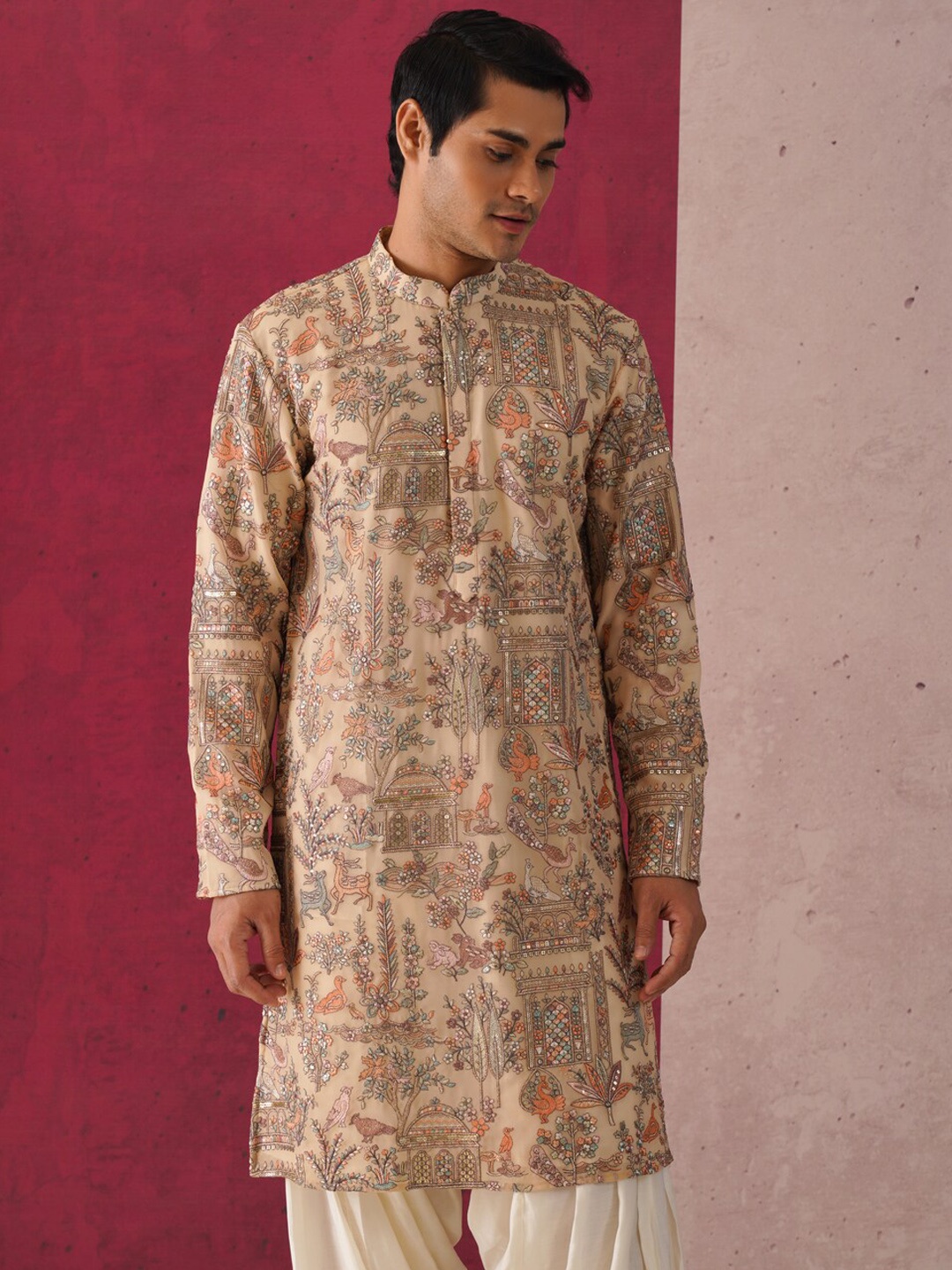 KALPRAAG Embroidered Mandarin Collar Sequinned Georgette Kurta with Patiala & Dupatta, Beige
KALPRAAG Embroidered Mandarin Collar Sequinned Georgette Kurta with Patiala & Dupatta, Beige