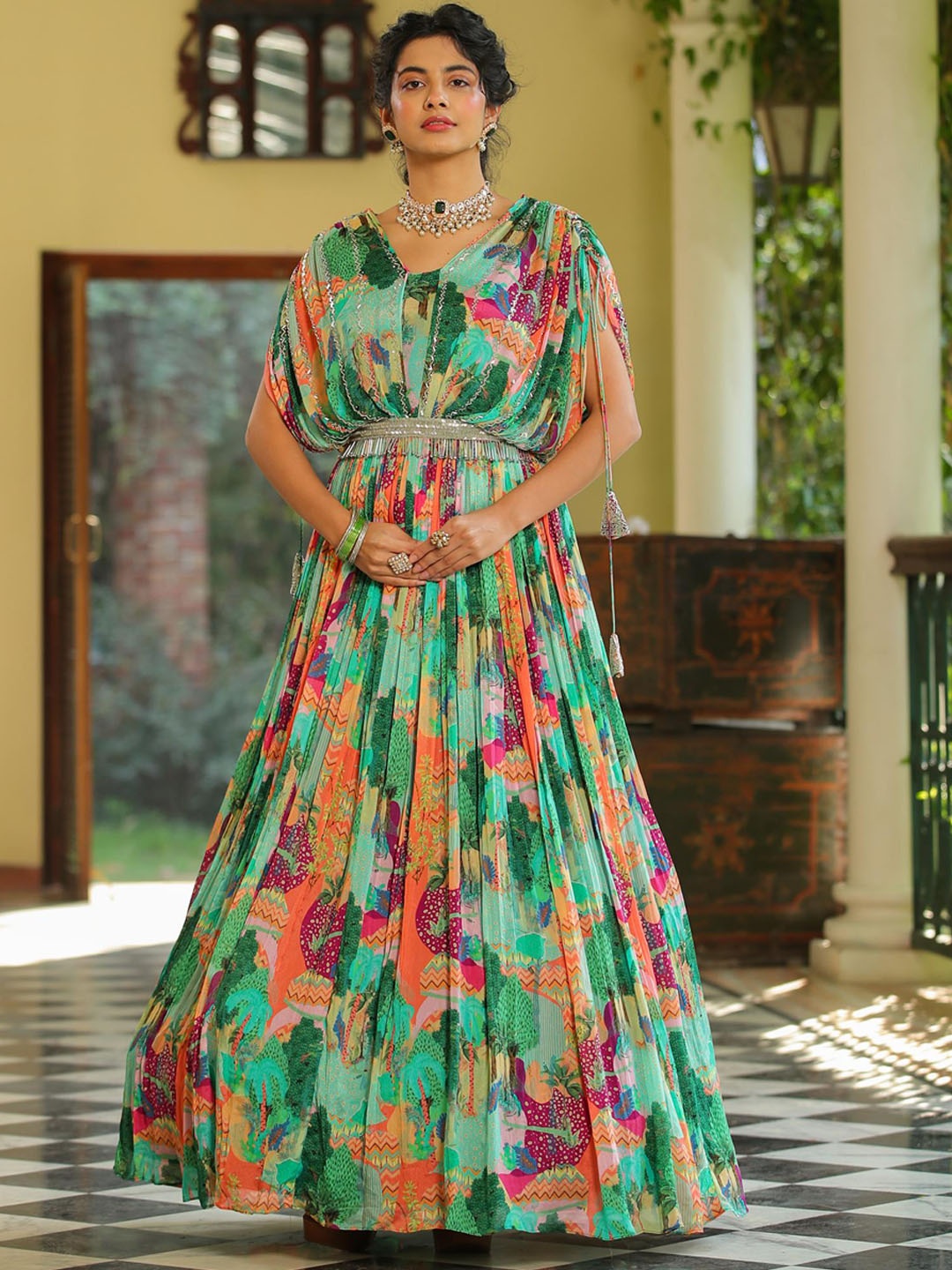 SCAKHI Tropical Printed Cape Sleeves Gathered Silk Gown Ethnic Dress With Belt, Green
SCAKHI Tropical Printed Cape Sleeves Gathered Silk Gown Ethnic Dress With Belt, Green