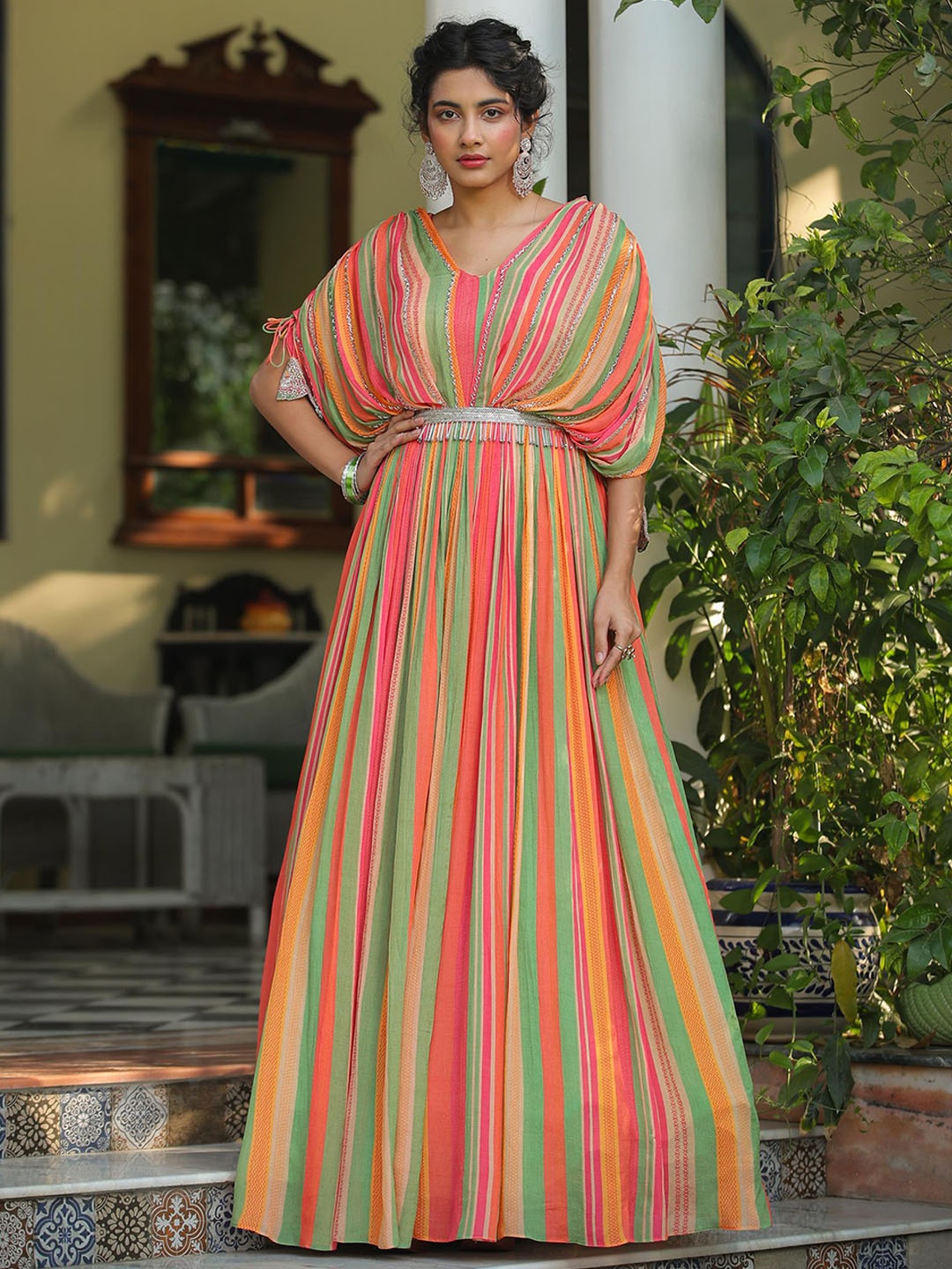 SCAKHI Candy Striped Maxi Length Gown Ethnic Dress With Belt And Attached Cape, Green
SCAKHI Candy Striped Maxi Length Gown Ethnic Dress With Belt And Attached Cape, Green