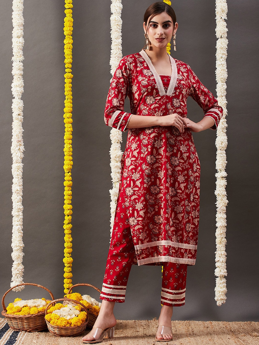 FASHOR Floral Printed Straight Beads and Stones Pure Cotton Kurta with Trousers, Red
FASHOR Floral Printed Straight Beads and Stones Pure Cotton Kurta with Trousers, Red