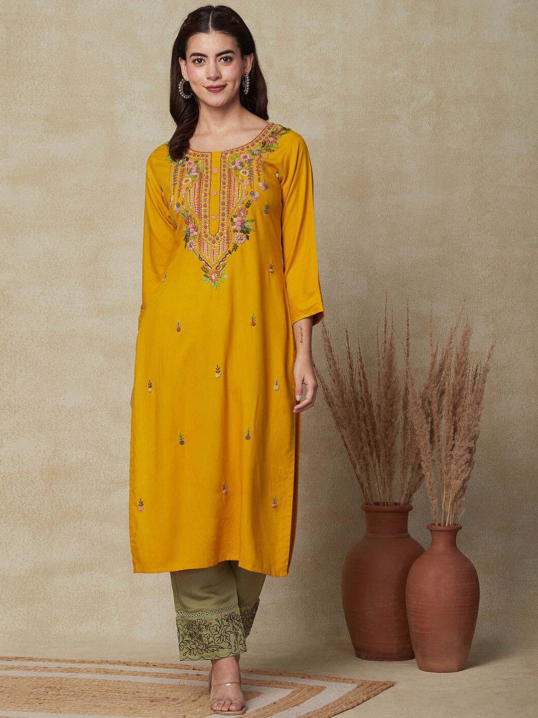 FASHOR Yellow Floral Embroidered Round Neck Thread Work Straight Kurta