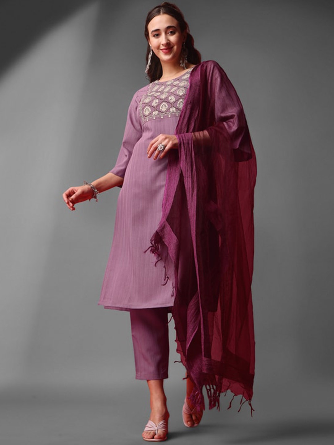 Jinax Ethnic Motifs Yoke Embroidered Sequined Straight Kurta & Trouser With Dupatta, Purple
Jinax Ethnic Motifs Yoke Embroidered Sequined Straight Kurta & Trouser With Dupatta, Purple
