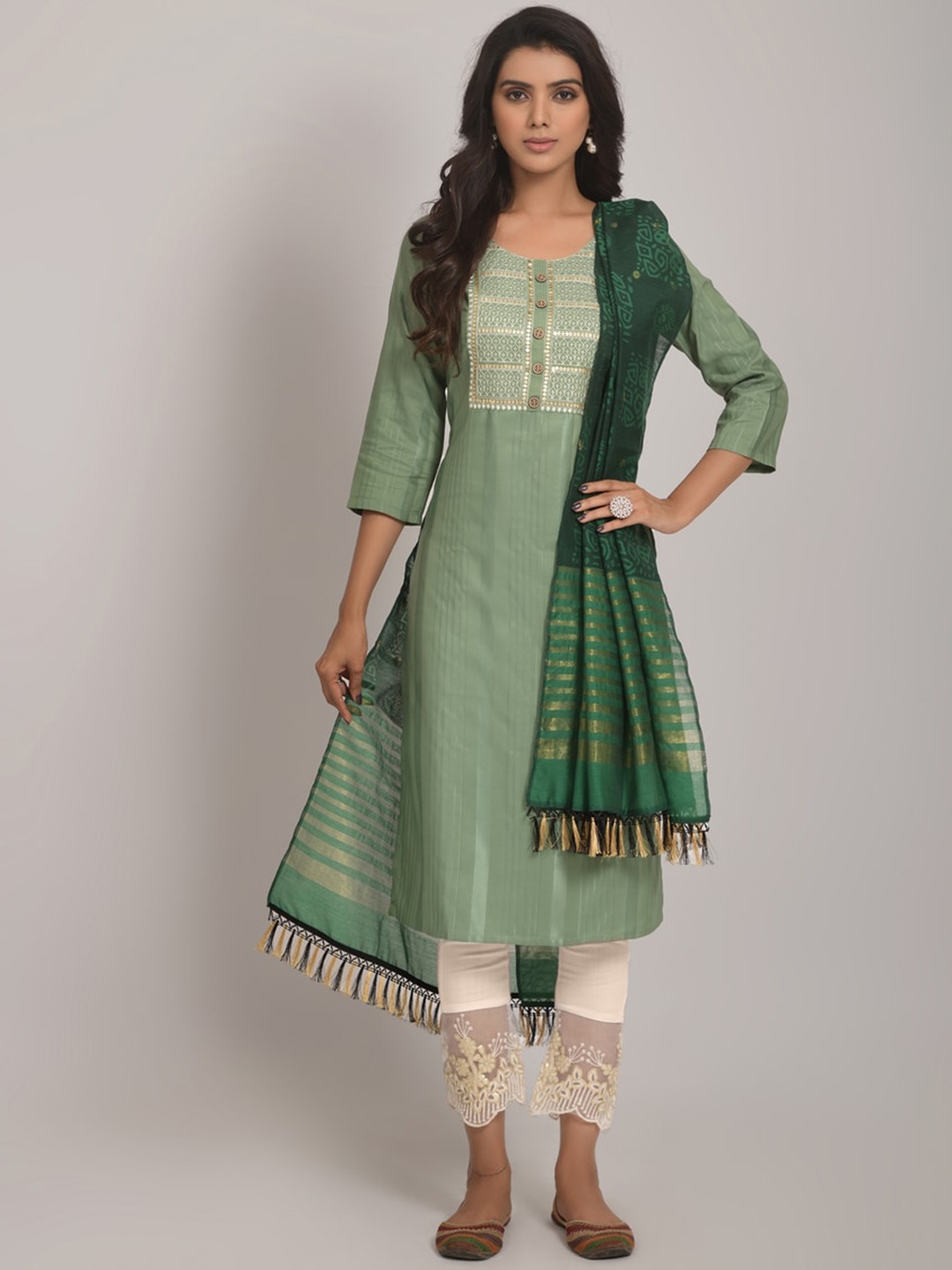 Jinax Ethnic Motifs Yoke Embroidered Sequined Straight Kurta & Trouser With Dupatta, Lime green
Jinax Ethnic Motifs Yoke Embroidered Sequined Straight Kurta & Trouser With Dupatta, Lime green