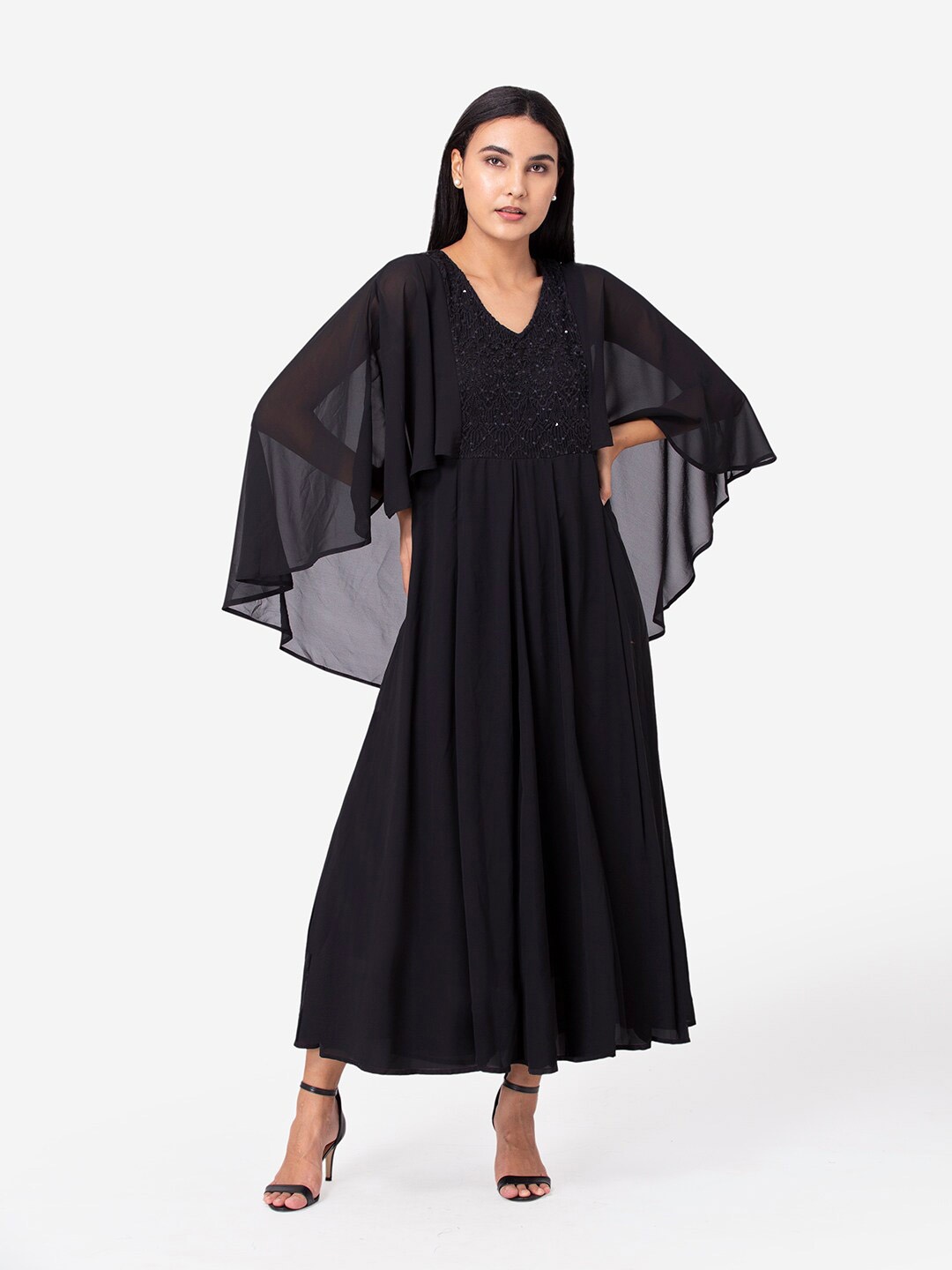 Porsorte Embellished V-Neck Flared Sleeves Georgette Fit and Flare Midi Dress, Black
Porsorte Embellished V-Neck Flared Sleeves Georgette Fit and Flare Midi Dress, Black
