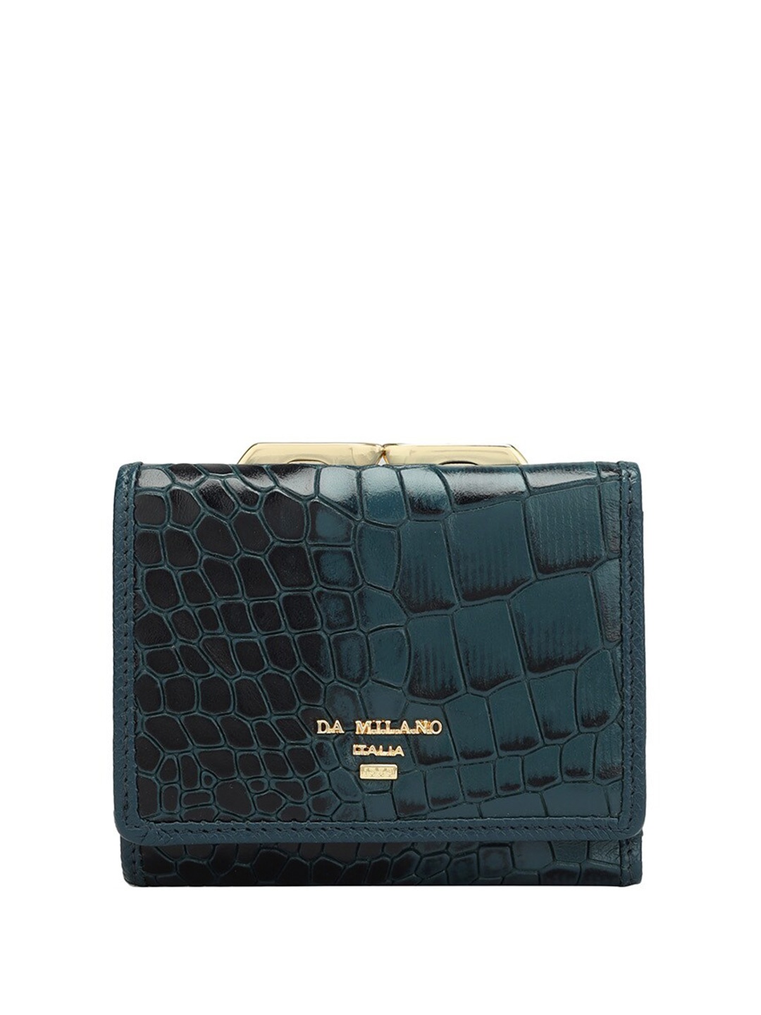 Da Milano Women Textured Leather Three Fold Wallet, Blue