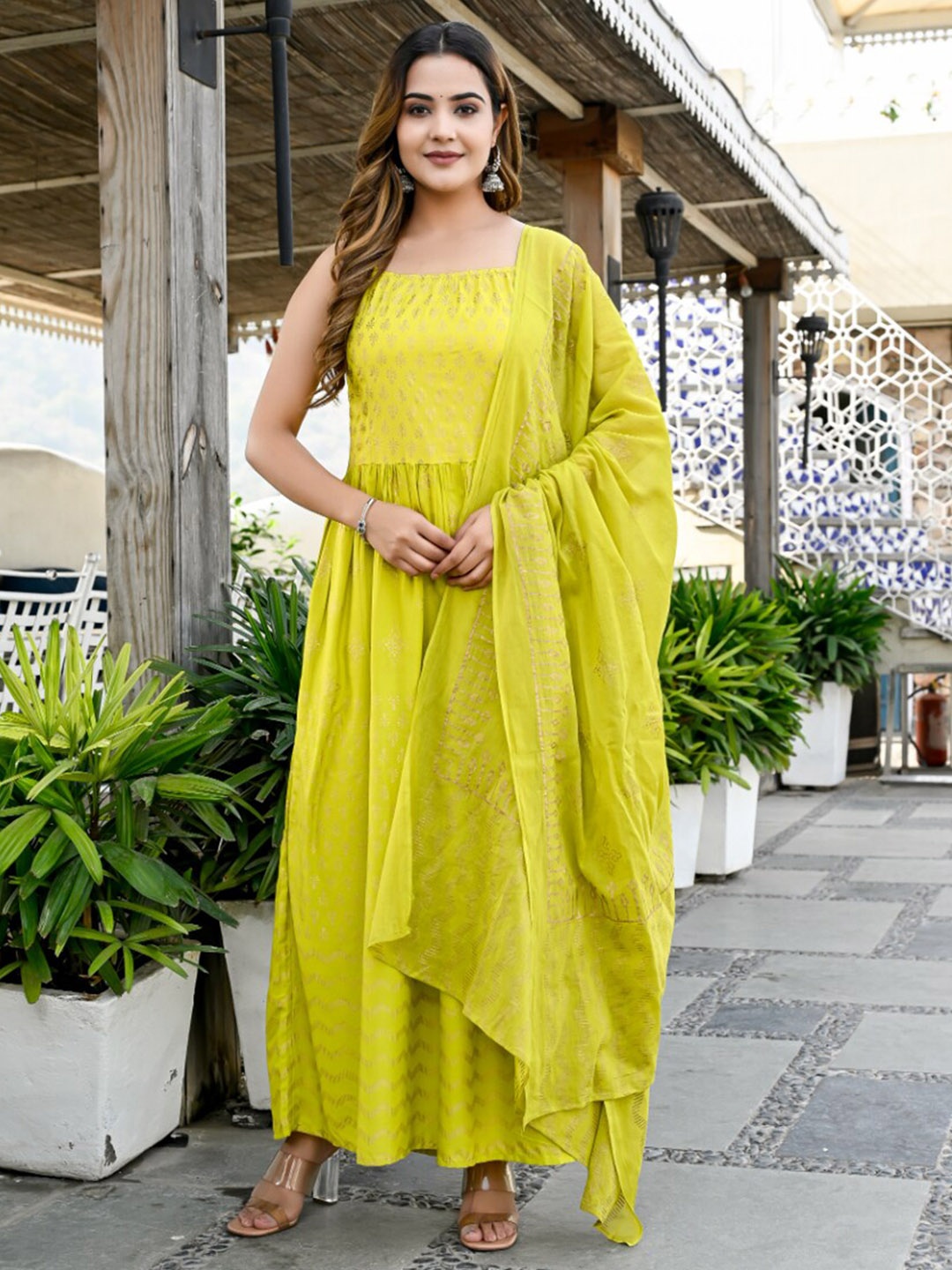 KALINI Ethnic Motifs Printed Shoulder Straps Anarkali Kurta With Trousers & Dupatta, Lime green
KALINI Ethnic Motifs Printed Shoulder Straps Anarkali Kurta With Trousers & Dupatta, Lime green
