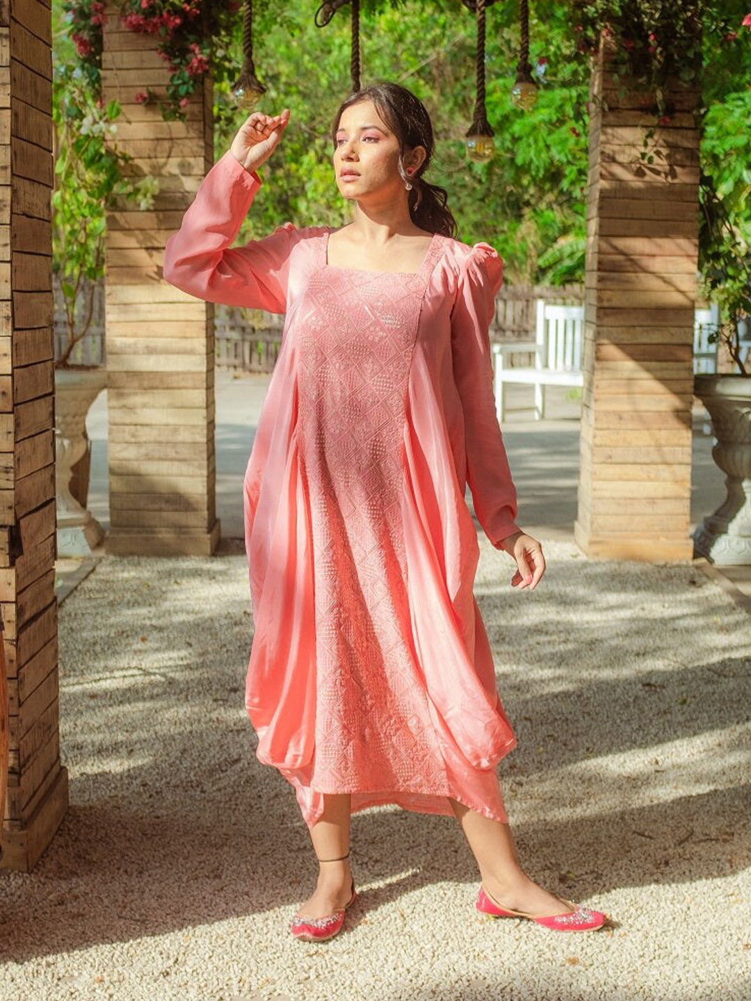 Monk & Mei Geometric Embroidered Sequined Square Neck Puff Sleeves A-Line Dress, Peach
Monk & Mei Geometric Embroidered Sequined Square Neck Puff Sleeves A-Line Dress, Peach