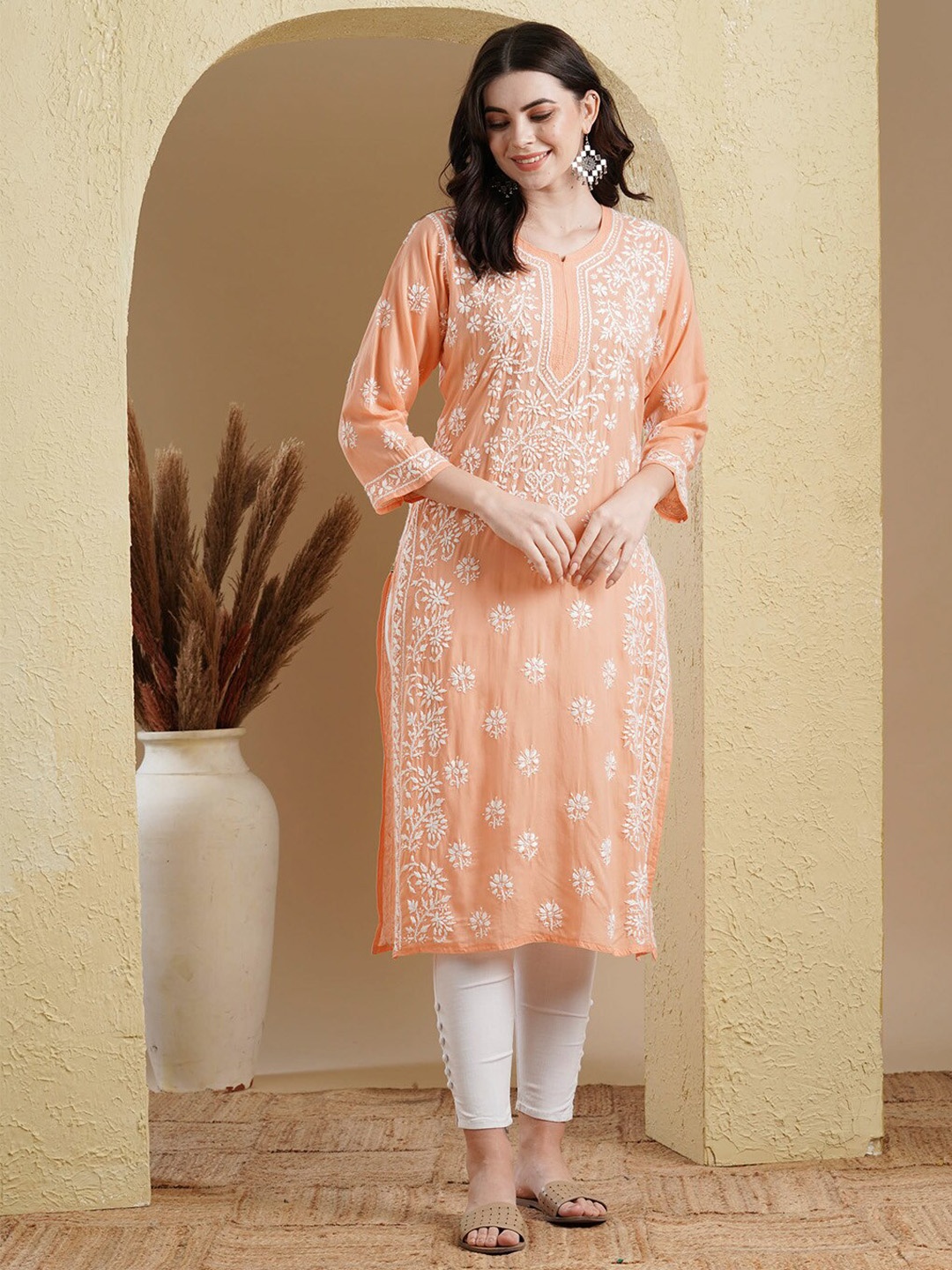 ADA Ethnic Motifs Embroidered Lucknowi Chikankari Cotton Silk Straight Kurta, Peach
ADA Ethnic Motifs Embroidered Lucknowi Chikankari Cotton Silk Straight Kurta, Peach