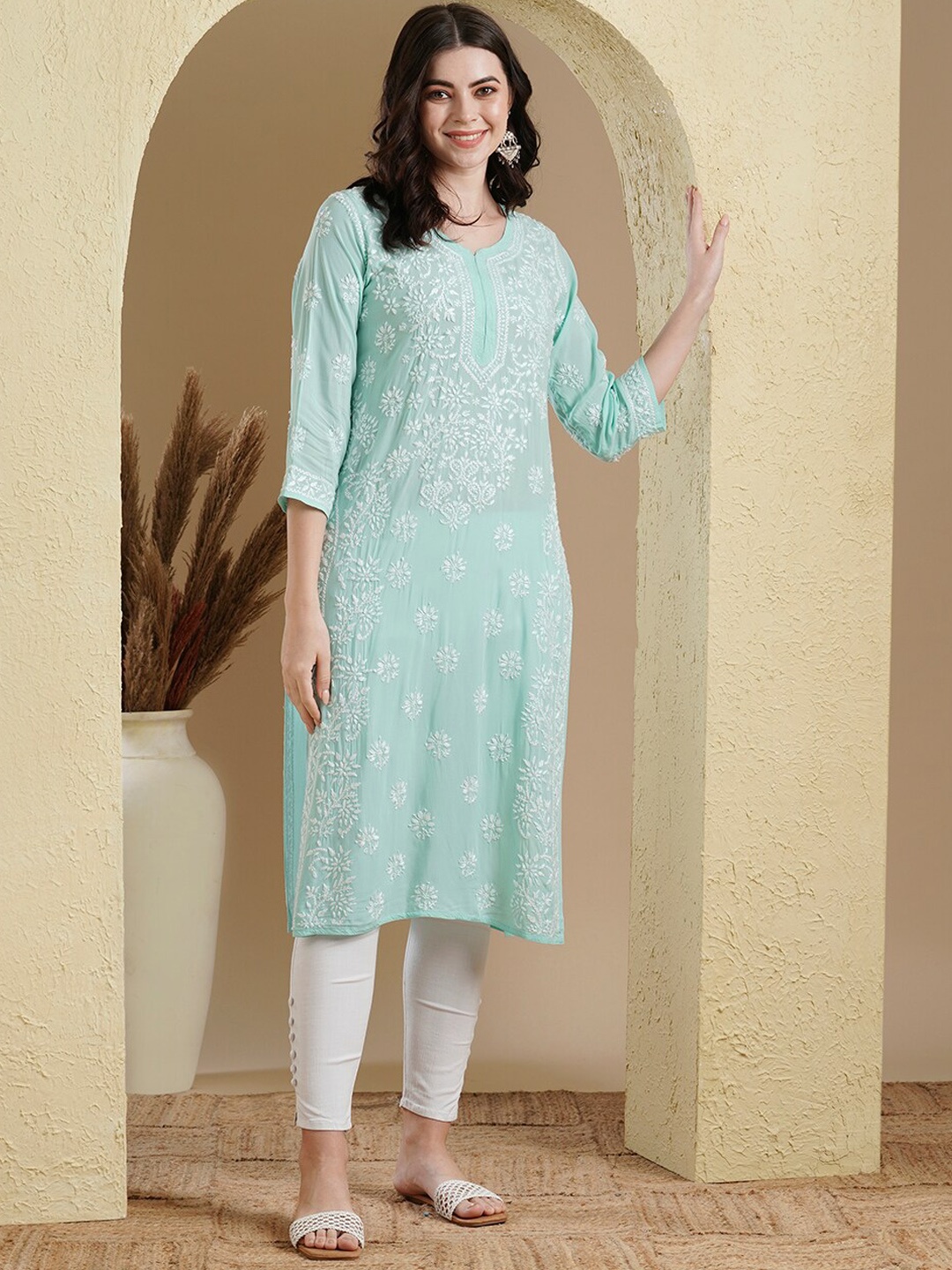 ADA Ethnic Motifs Embroidered Lucknowi Chikankari Cotton Silk Straight Kurta, Sea green
ADA Ethnic Motifs Embroidered Lucknowi Chikankari Cotton Silk Straight Kurta, Sea green