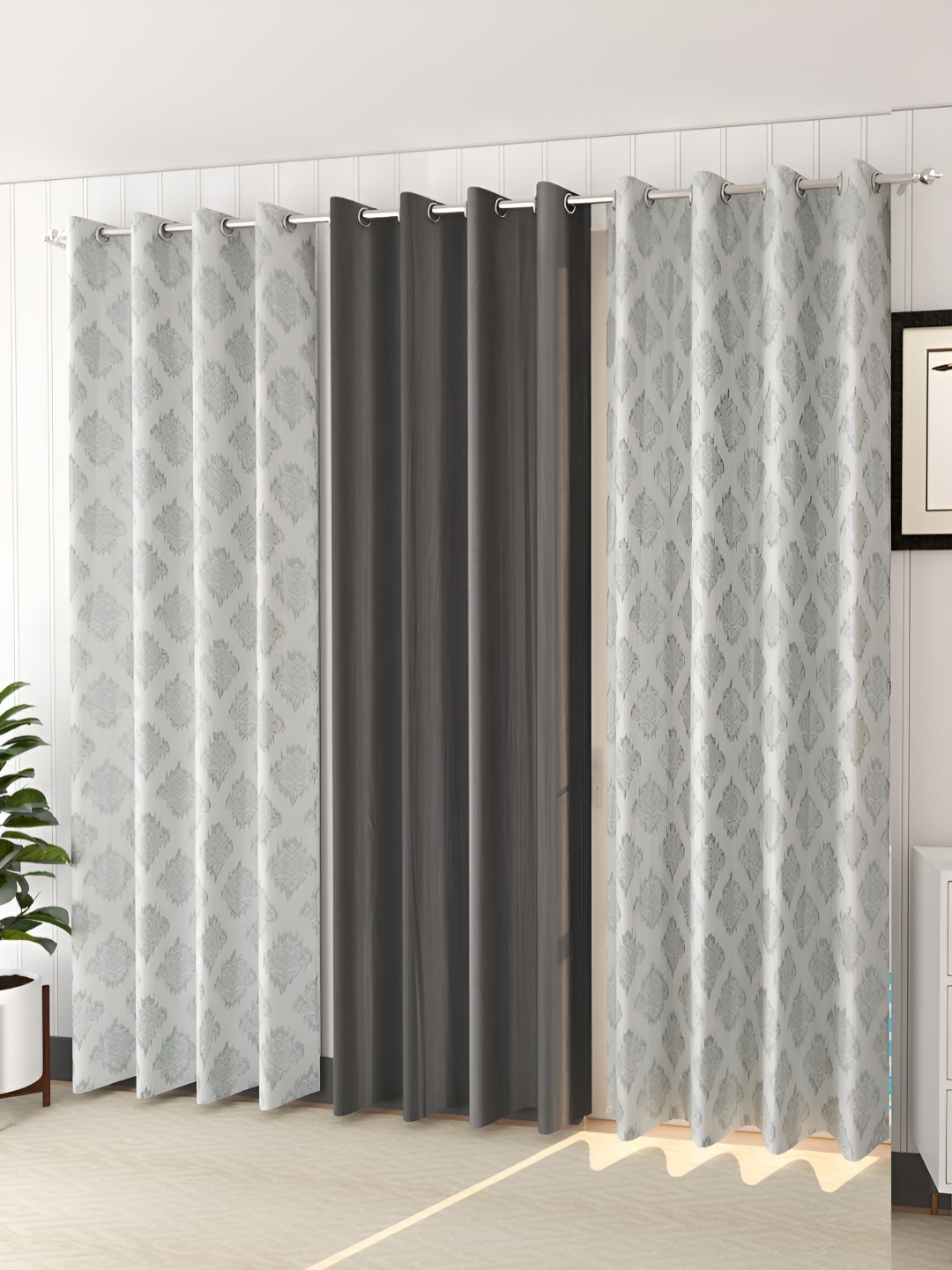 stuffique Grey 3 Pieces Ethnic Print Door Curtain