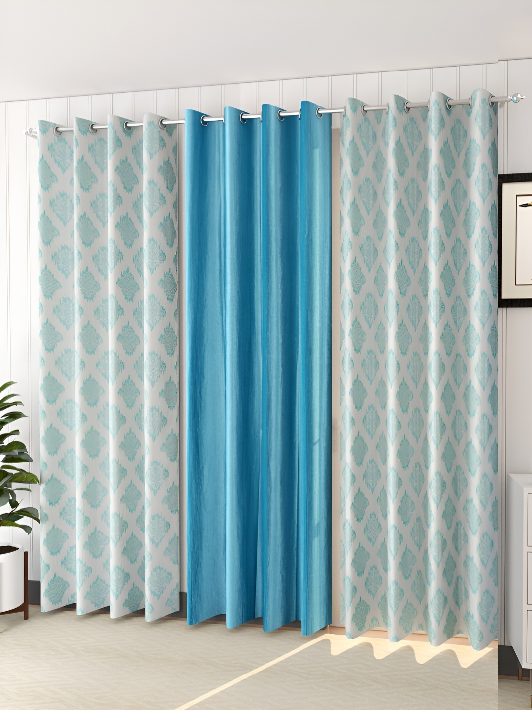 stuffique Blue 3 Pieces Ethnic Print Door Curtain
