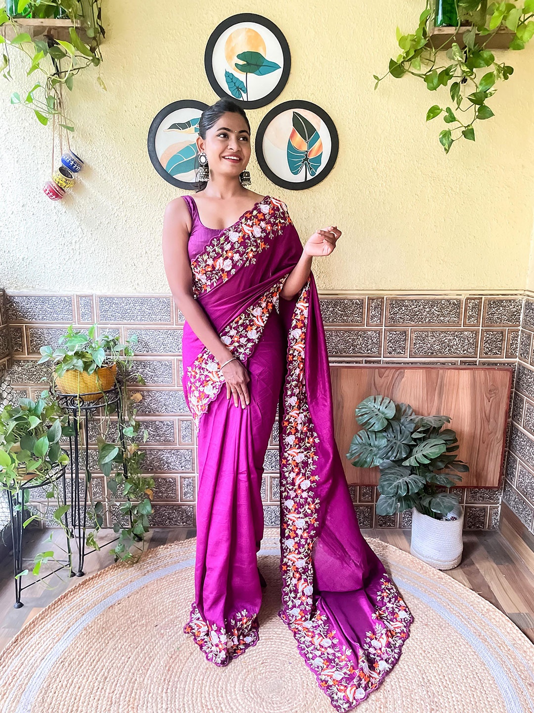 Mitera Magenta Embroidered Saree