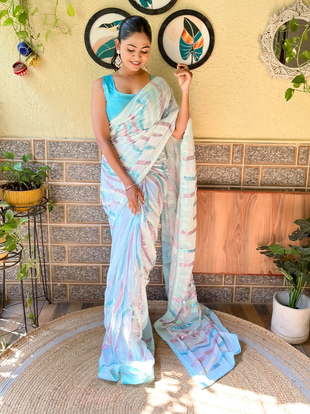 Mitera Blue & White Striped Sequinned Saree