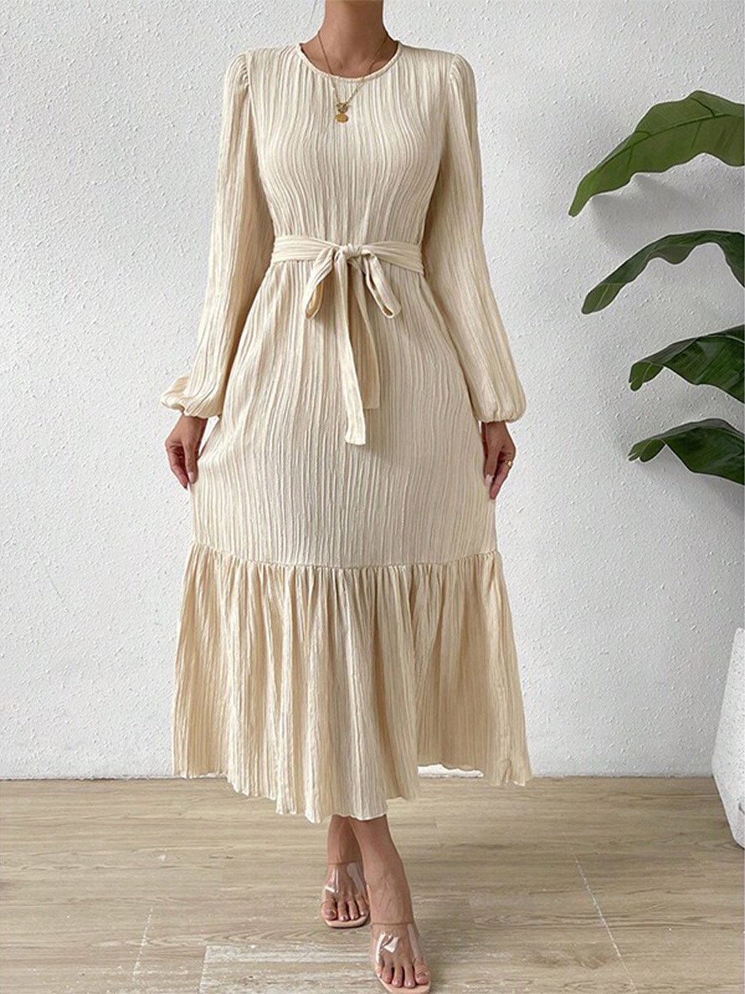 StyleCast Beige Self Design Tie Ups A-Line Midi Dress