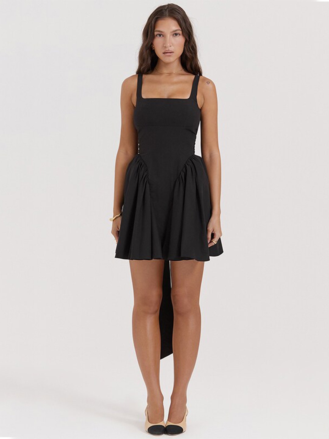 StyleCast Black Shoulder Straps Bow Fit & Flare Mini Dress