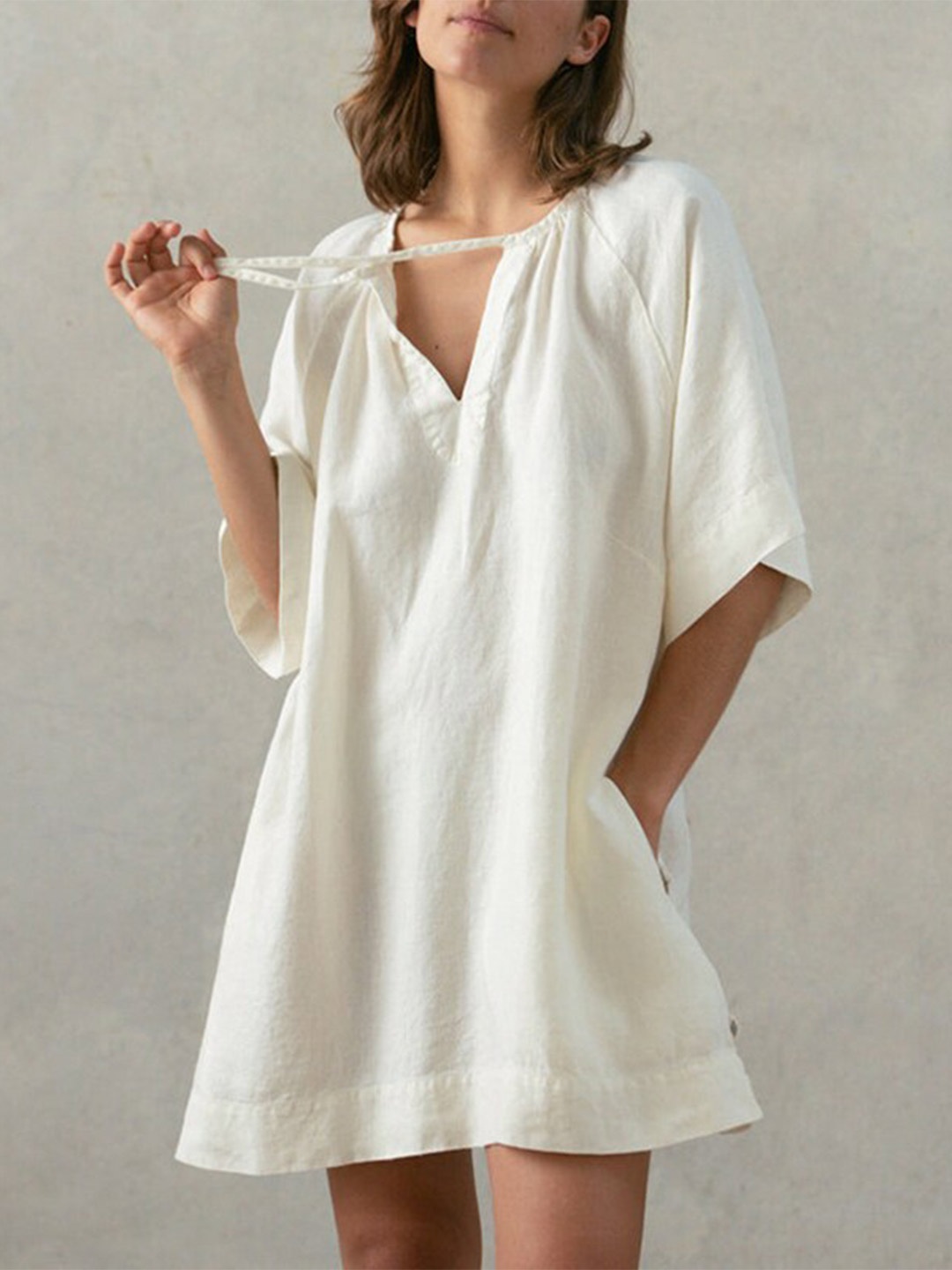StyleCast Beige Tie-Up Neck Cotton T-shirt Mini Dress