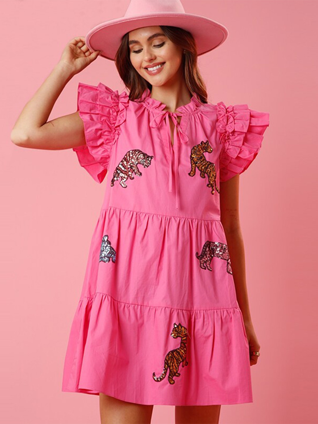 StyleCast Pink Conversational Embellished Ruffled & Tiered A-Line Dress