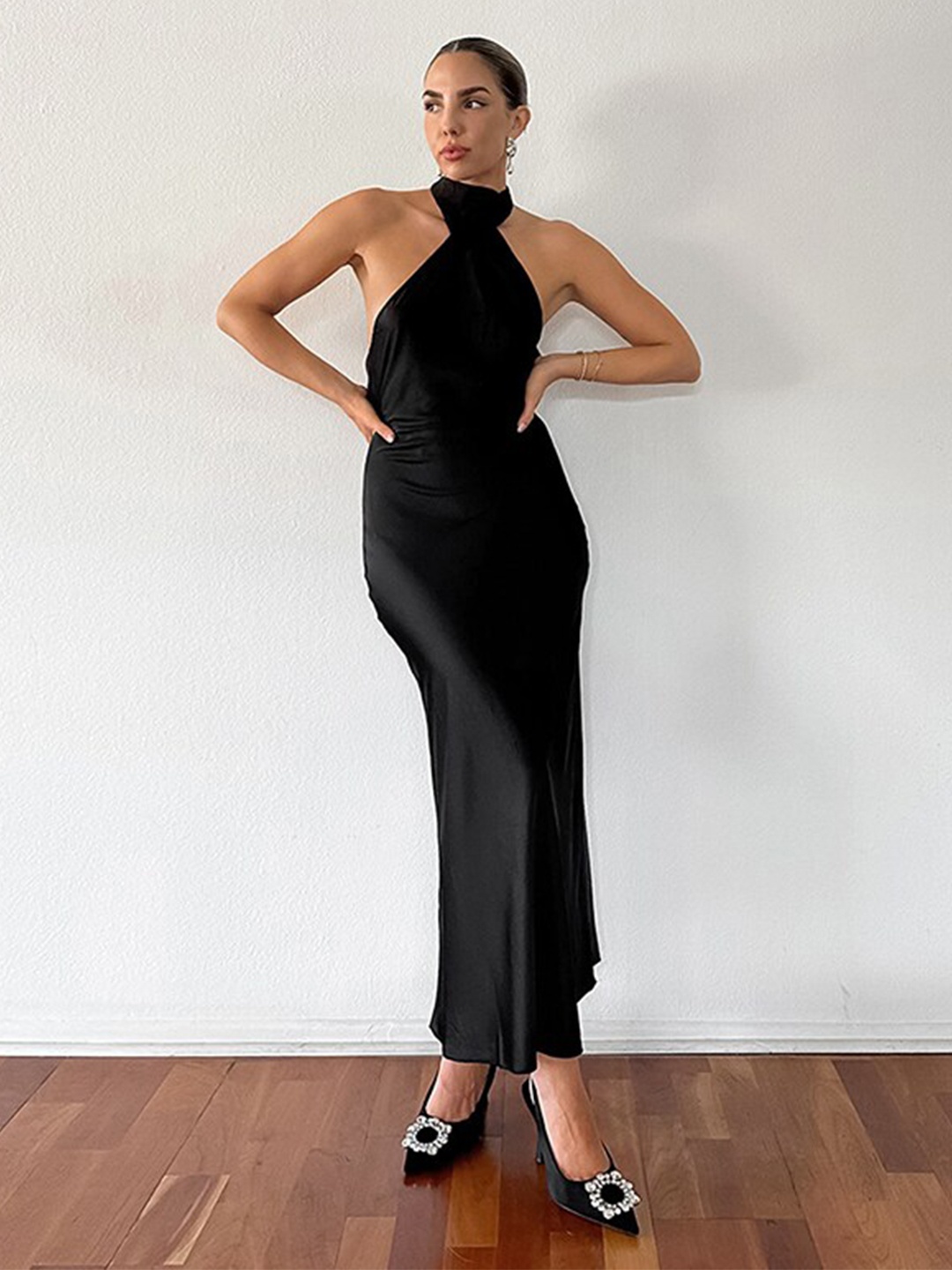 StyleCast Black Halter Neck Bodycon Maxi Dress