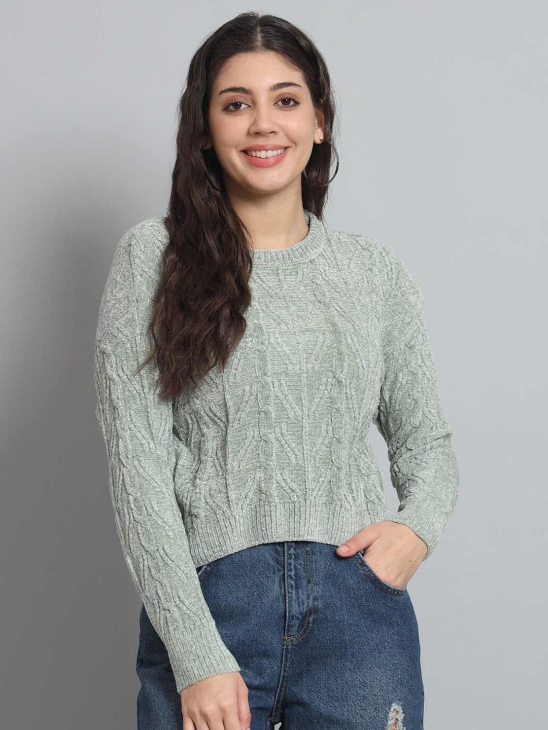 Chemistry Cable Knit Self Design Woollen Sweater, Green