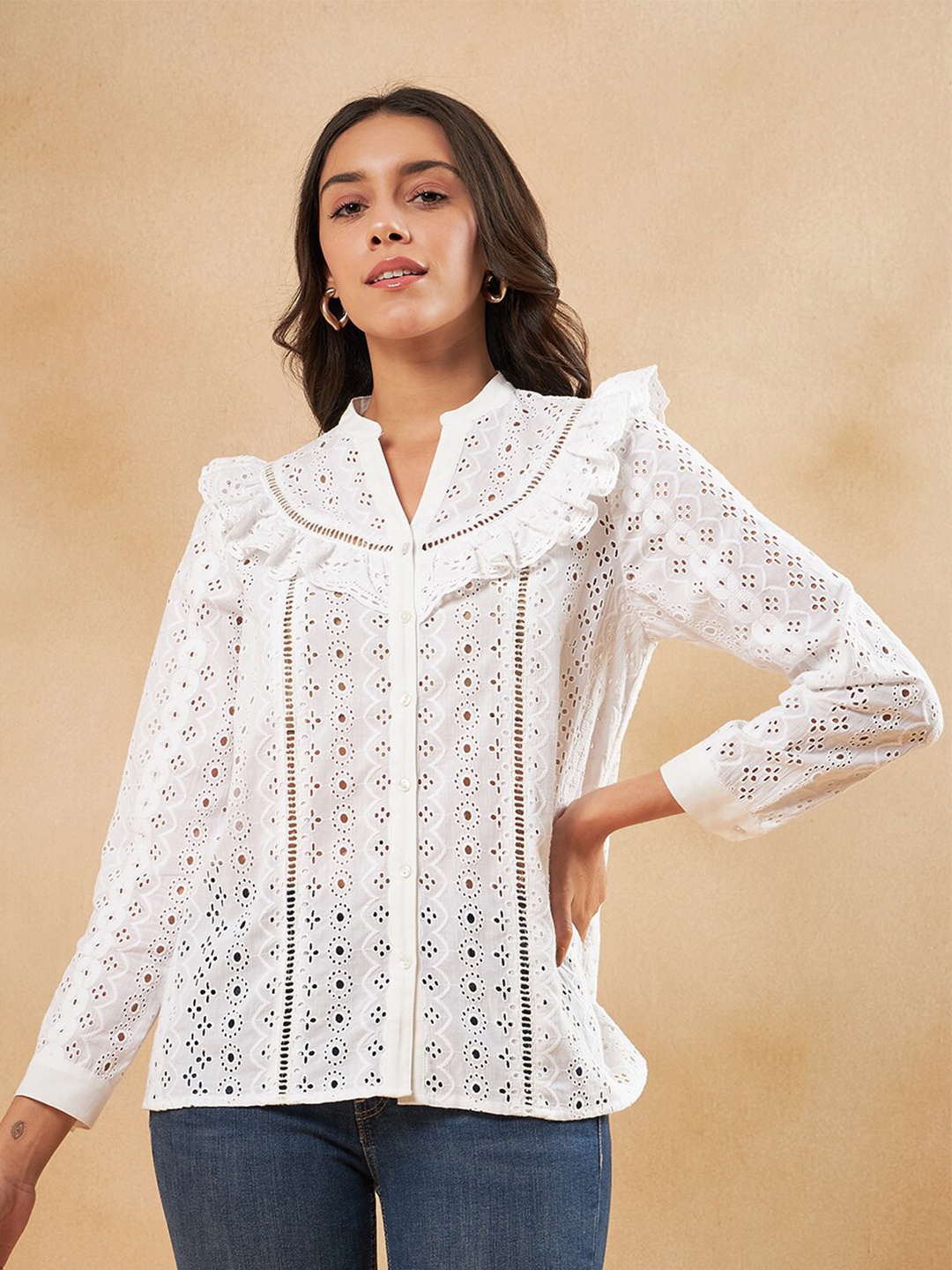 FEMMELLA Self Design Mandarin Collar Cuffed Sleeves Schiffli Ruffles Cotton Top, White
FEMMELLA Self Design Mandarin Collar Cuffed Sleeves Schiffli Ruffles Cotton Top, White