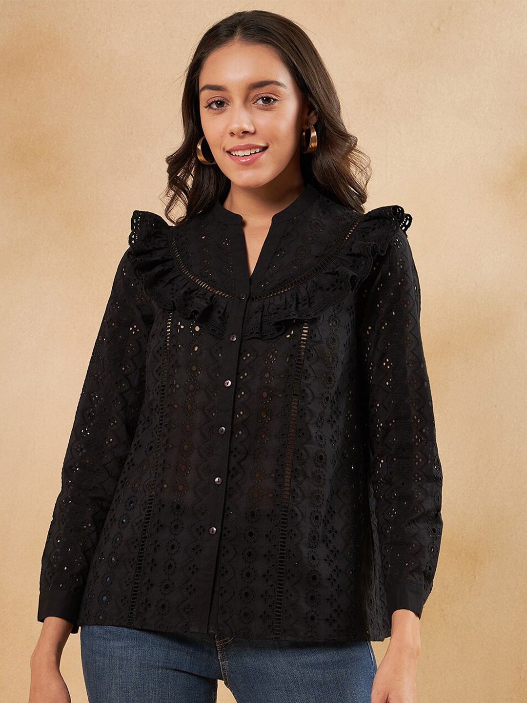 FEMMELLA Self Design Mandarin Collar Cuffed Sleeves Schiffli Ruffles Cotton Top, Black
FEMMELLA Self Design Mandarin Collar Cuffed Sleeves Schiffli Ruffles Cotton Top, Black