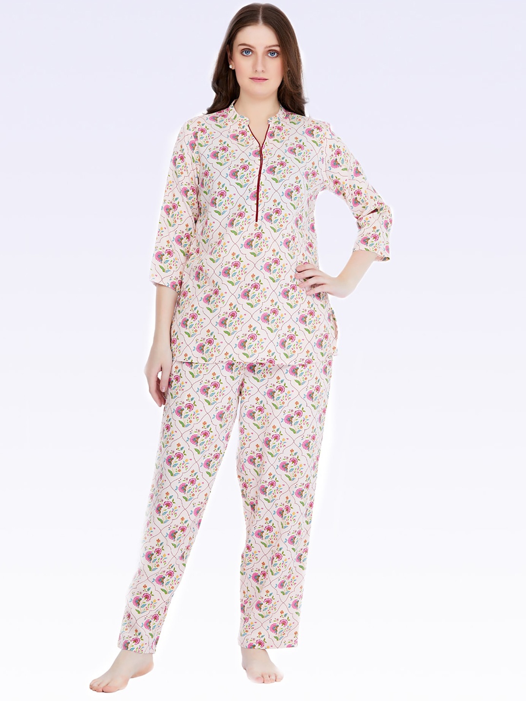 MAYSIXTY Floral Printed Mandarin Collar Three-Quarter Sleeves Kurti With Pyjamas, Peach
MAYSIXTY Floral Printed Mandarin Collar Three-Quarter Sleeves Kurti With Pyjamas, Peach