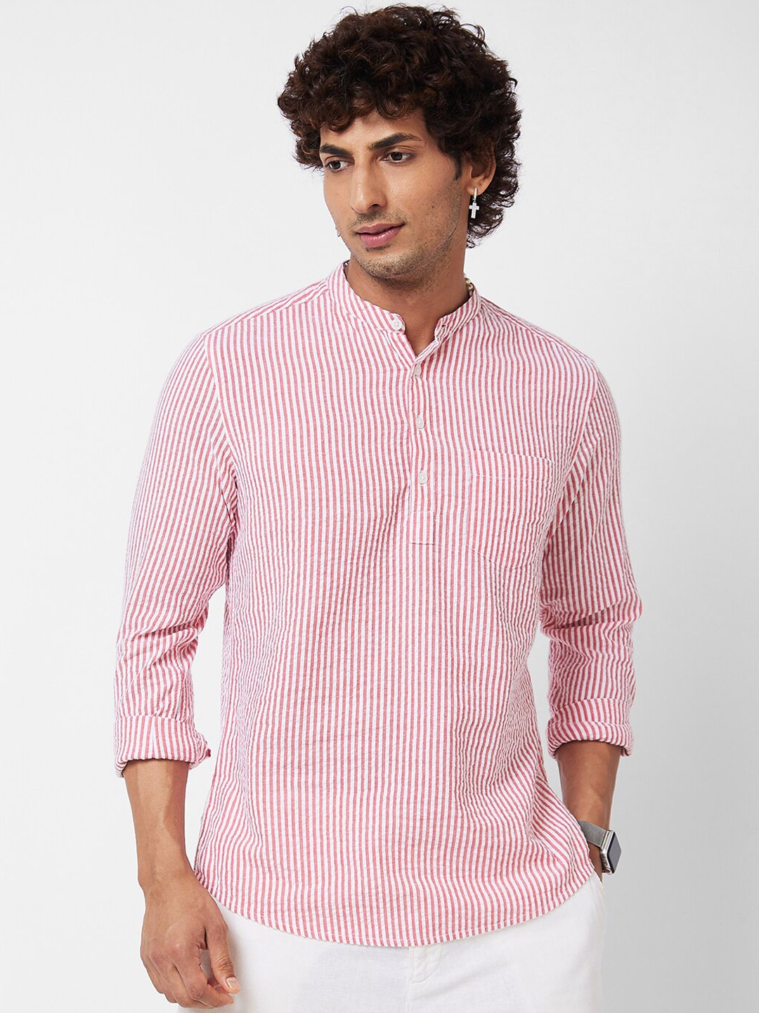 VASTRADO Striped Band Collar Cotton Kurta, Pink