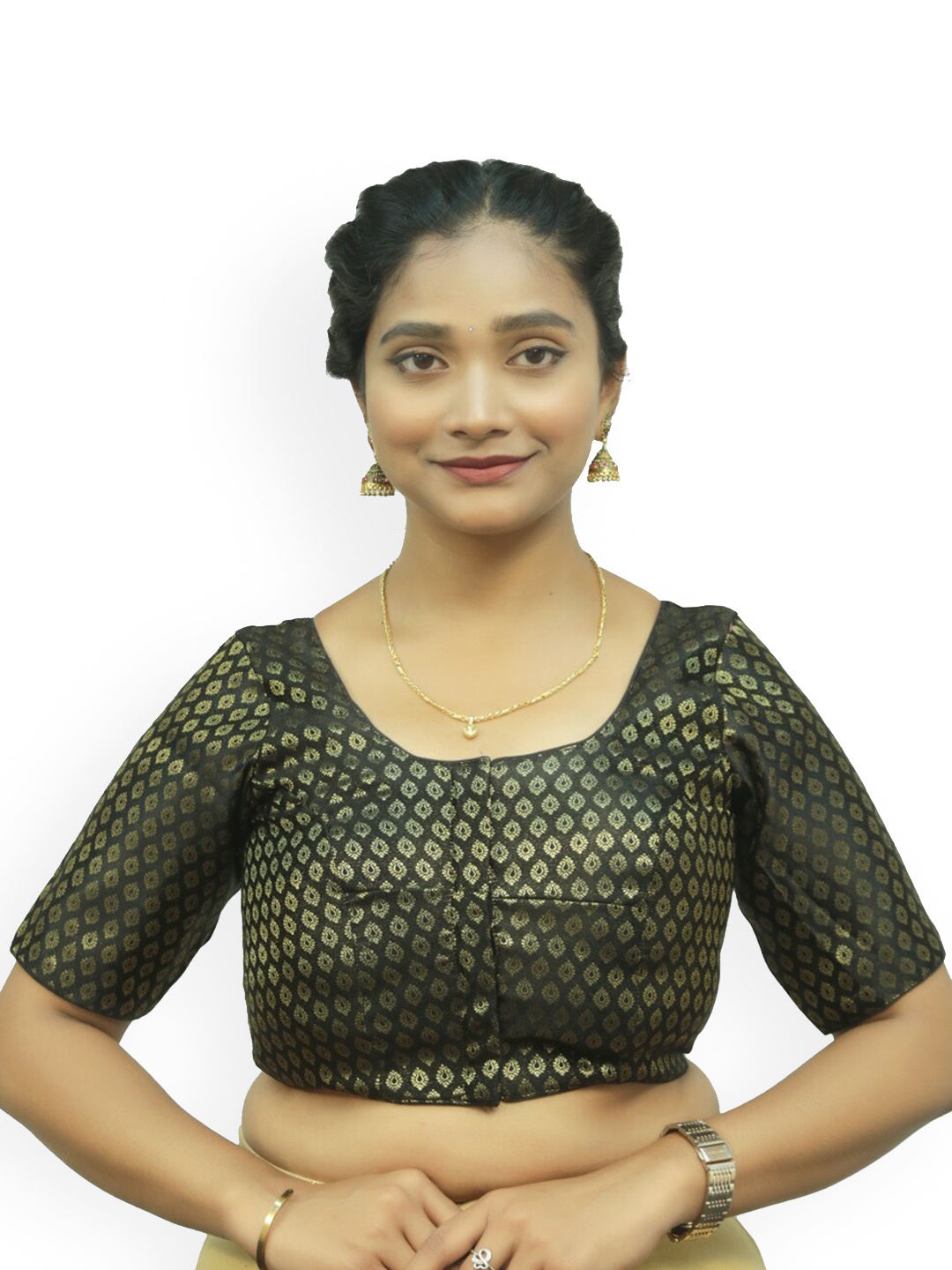 PUSHKARA Ethnic Motifs Woven Design Pure Cotton Saree Blouse, Black