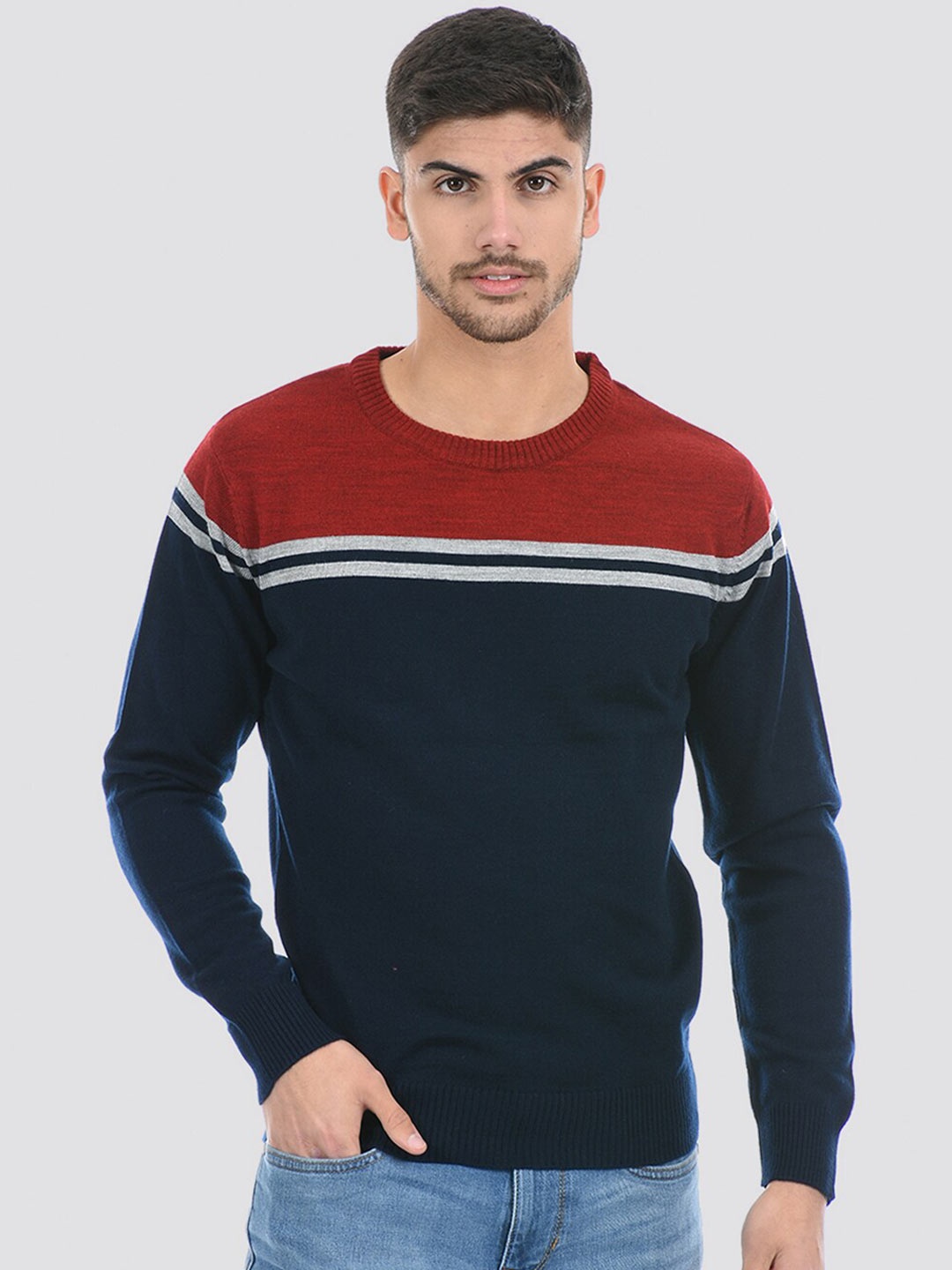 PORTOBELLO Colourblocked Pure Acrylic Pullover, Navy blue